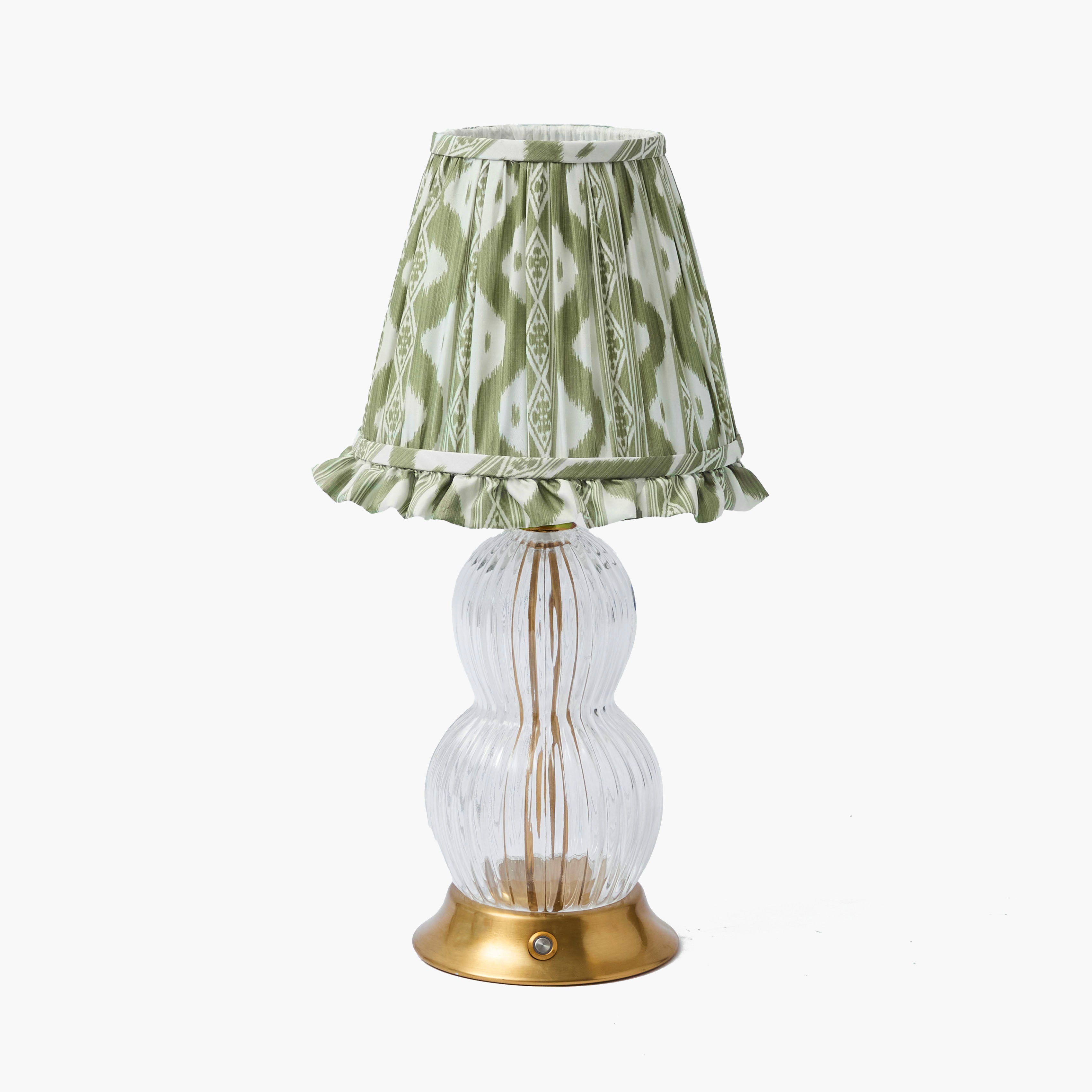 Glass Bardot Rechargeable Lamp with Olive Ikat Ruffle Shade (18cm)