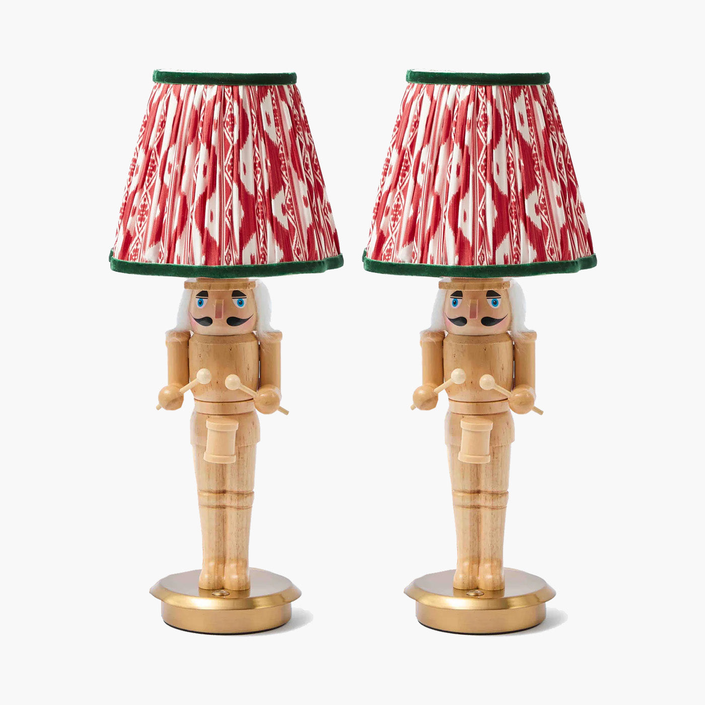 Pair of Nutcracker Rechargeable Lamps with Red & Green Ikat Shades (18cm)