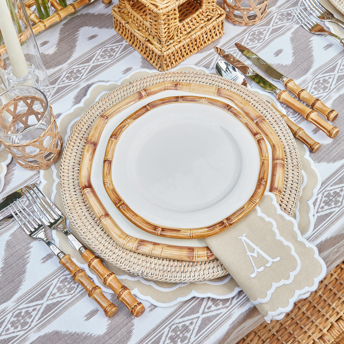 Chic Putty Ikat Tablecloth for stylish table arrangements.