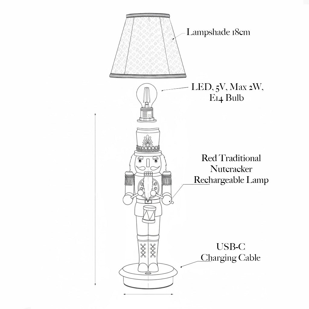 Traditional Nutcracker Rechargeable Lamp with Red & Olive Lotus Shade (18cm)
