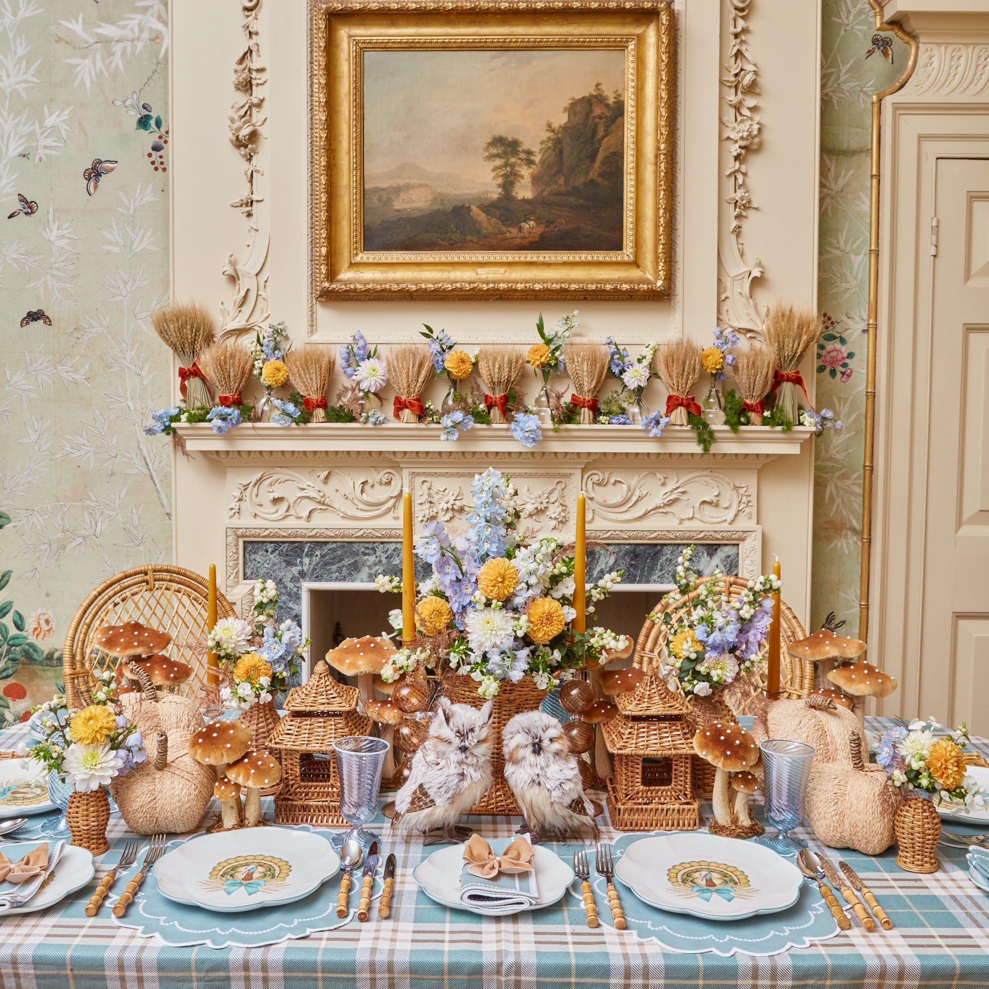 Four-piece set of placemats and napkins in charming Mariana Duck Egg shades.