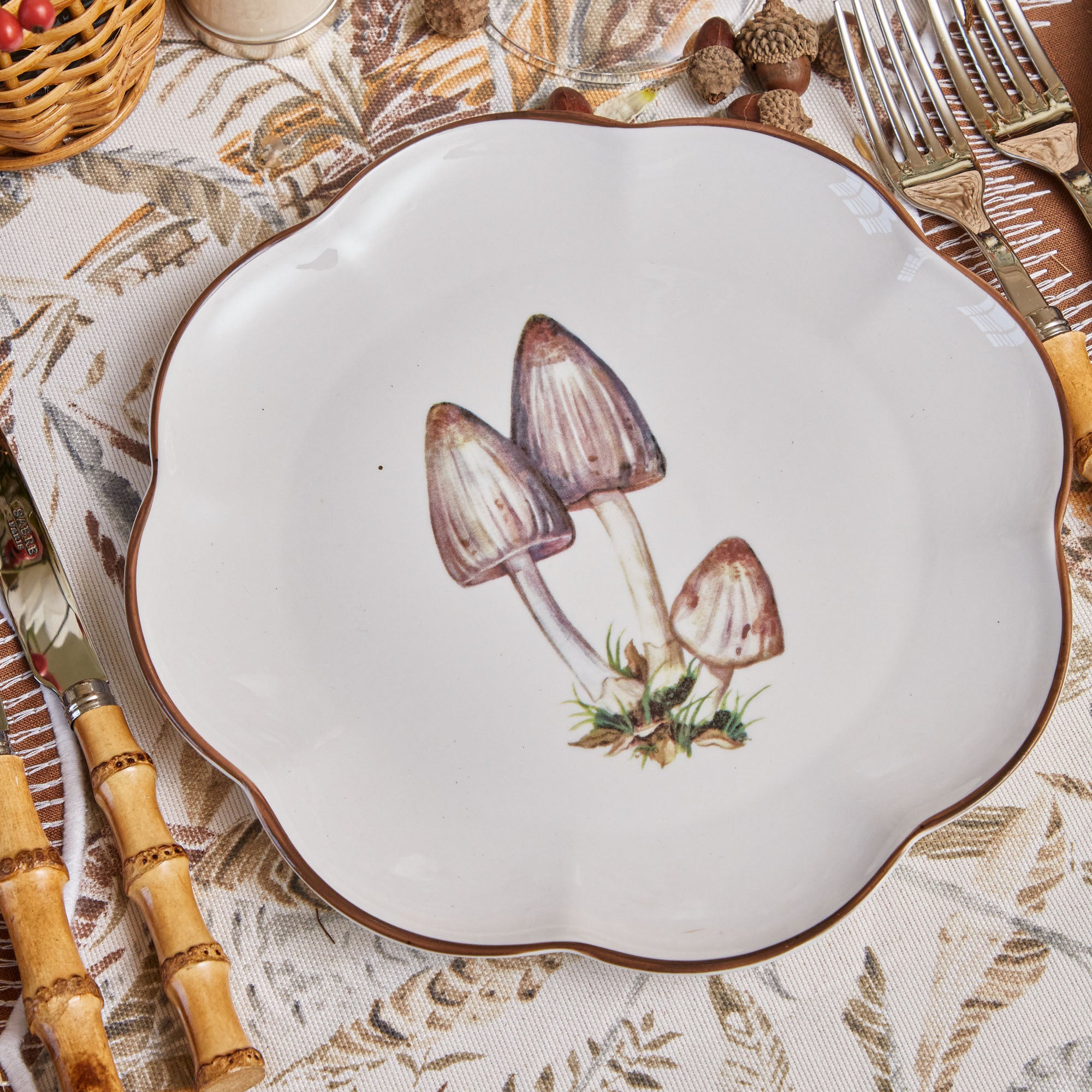 Scalloped mushroom dinner and starter plates, a set of 16 for elegant dining.