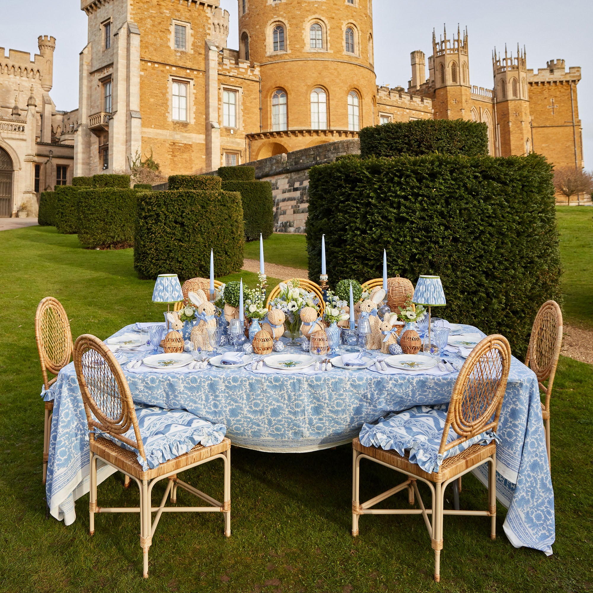 Frilled Blue Ikat Seat Pad Cushions (Set of 4)