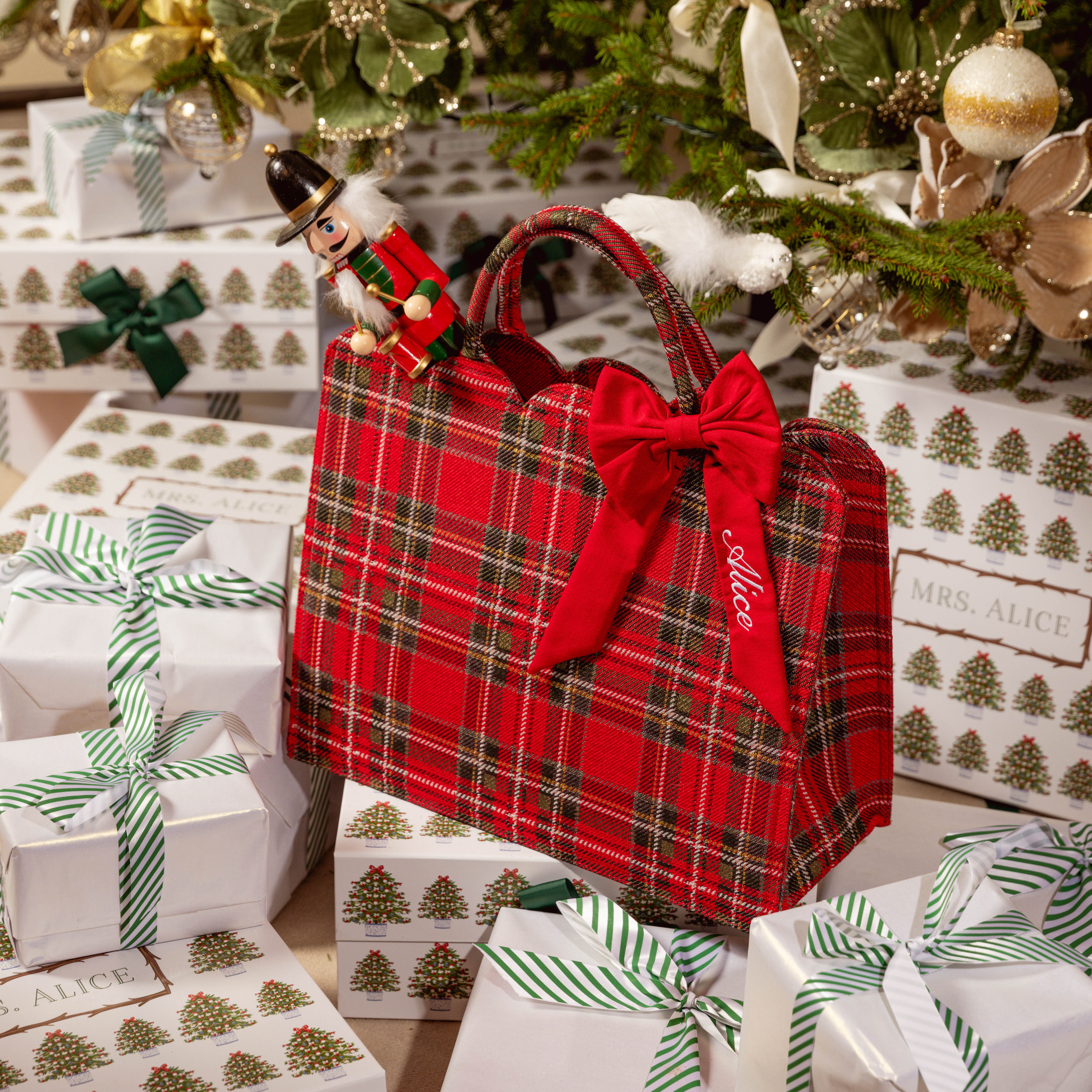 Stand out from the crowd with the Mrs. Alice Tote Bag (Red Tartan) - Personalized Bow.