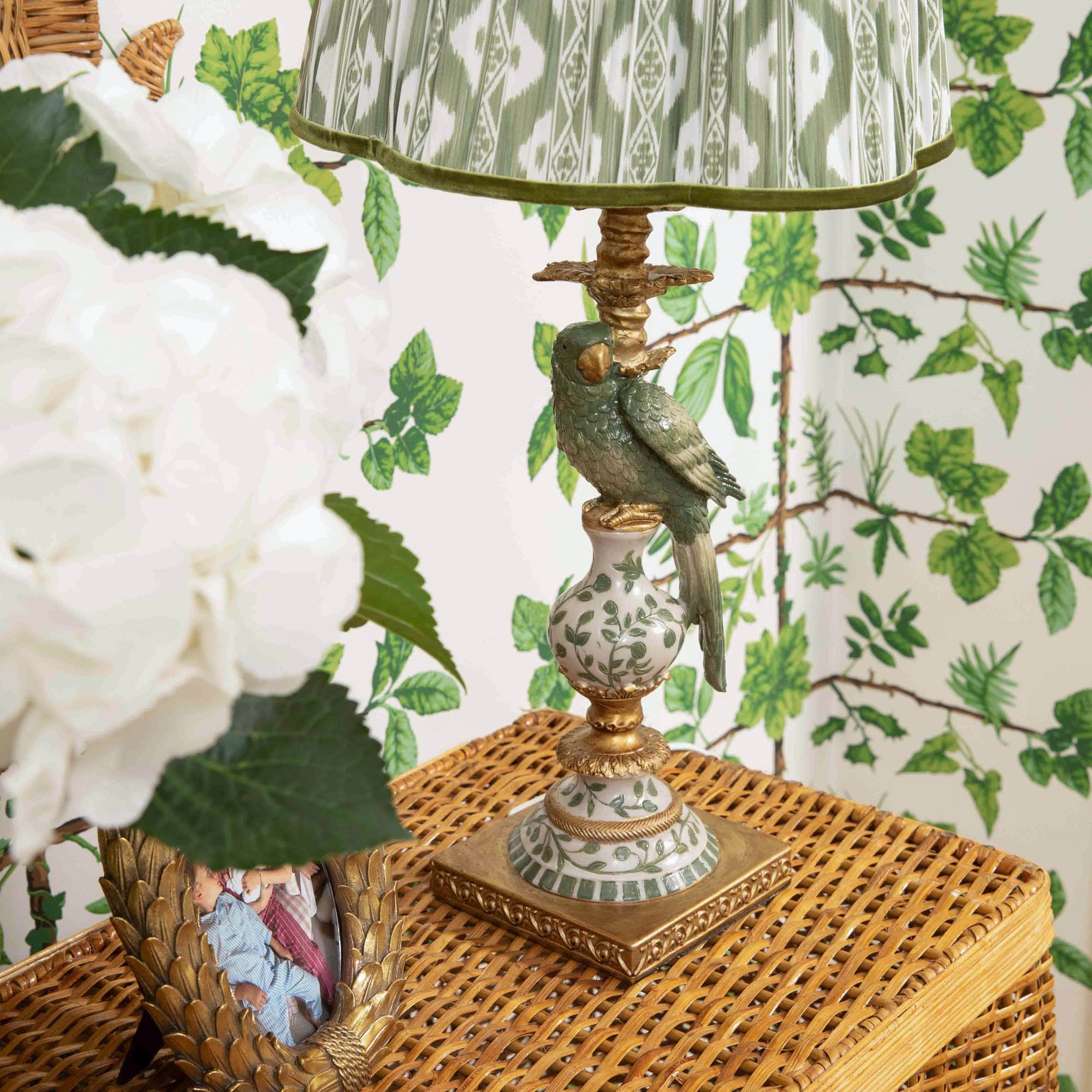 Olive Parrot Lamp with Olive Ikat Shade (30cm)