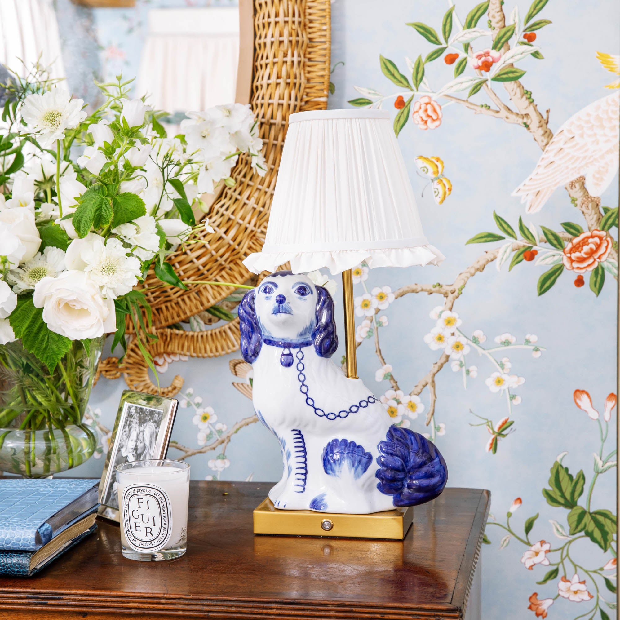 Rechargeable Staffordshire Dog Lamp with Cream Ruffle Shade (Pair)