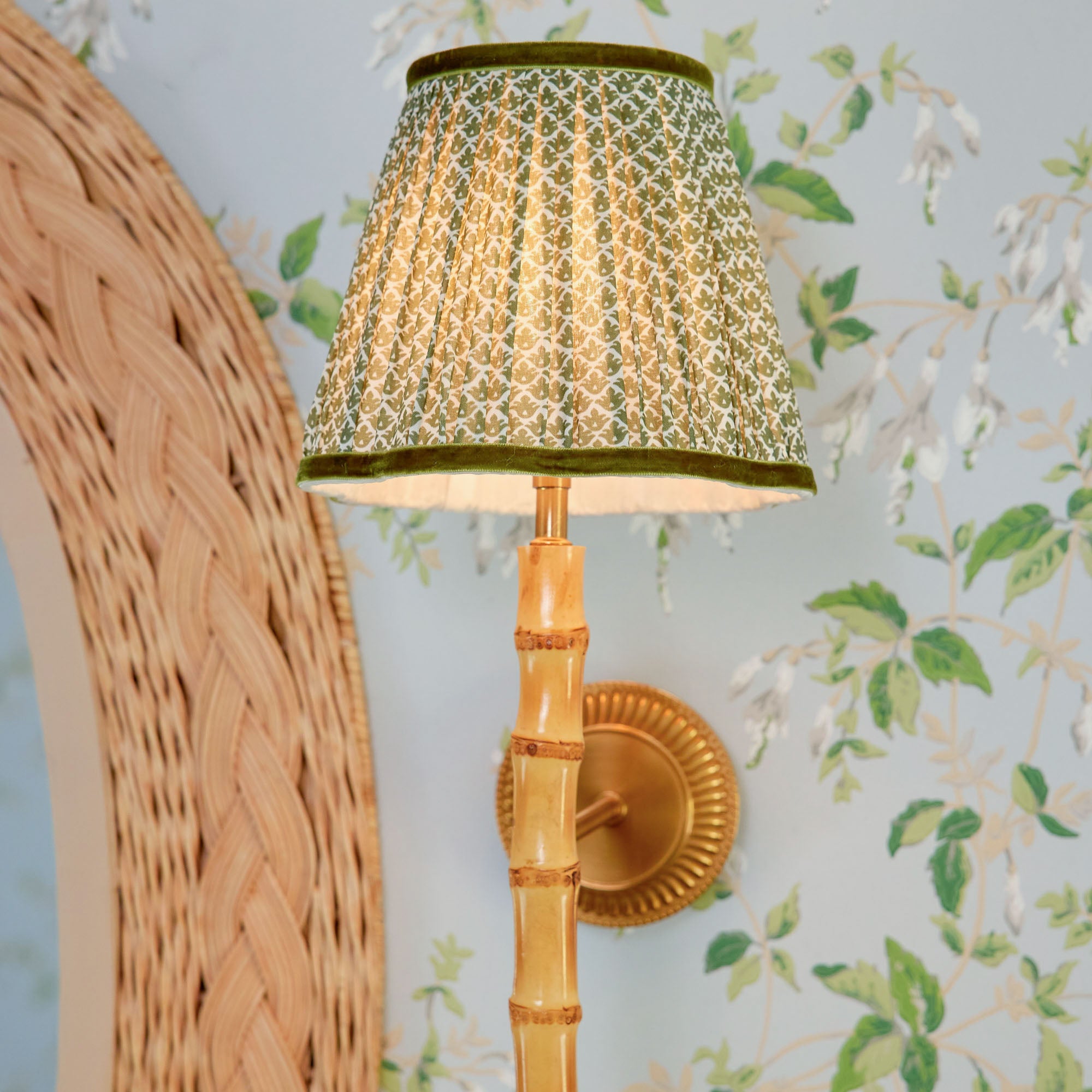 Bamboo Rechargeable Wall Light with Olive Lotus Shade (18cm)