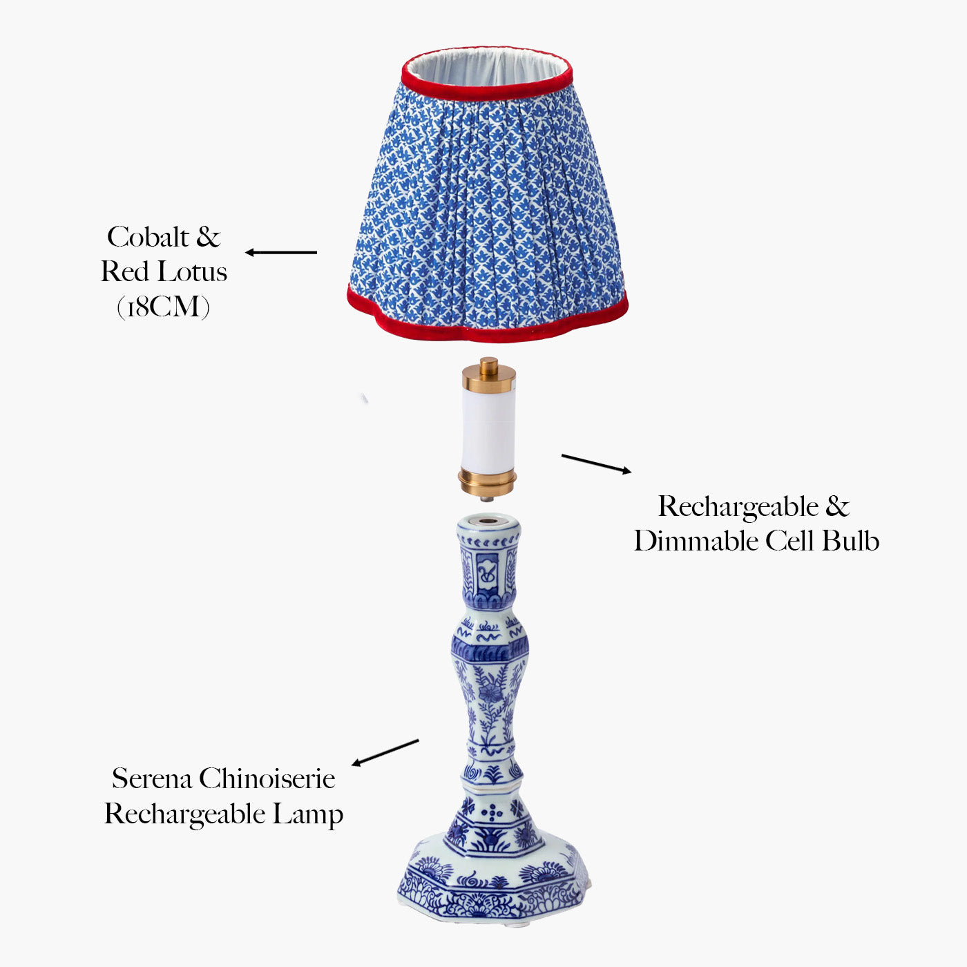 Serena Chinoiserie Rechargeable Lamp with Cobalt & Red Lotus Shade (18cm)