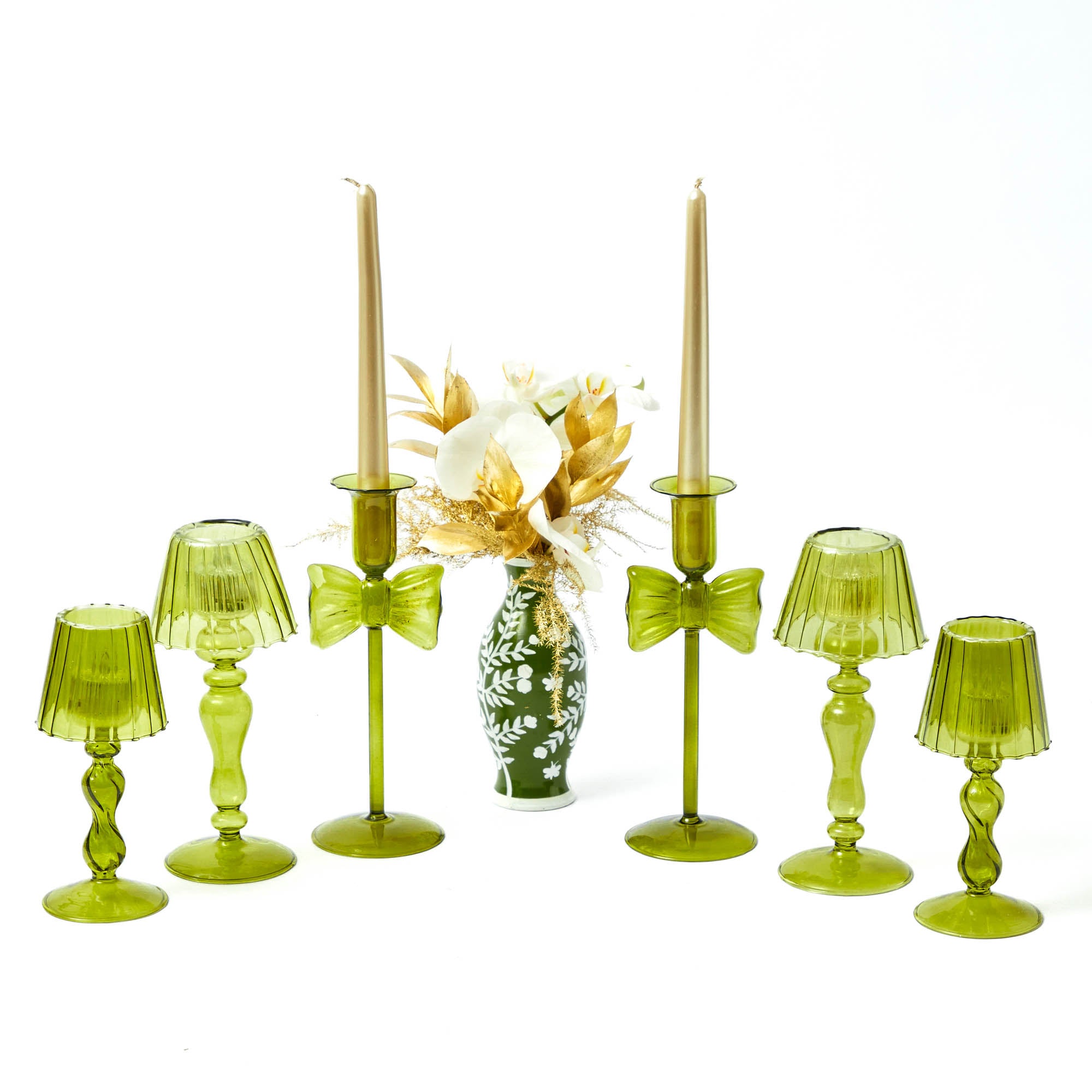 Celine Green Glass Bow Candlescape (Gold)