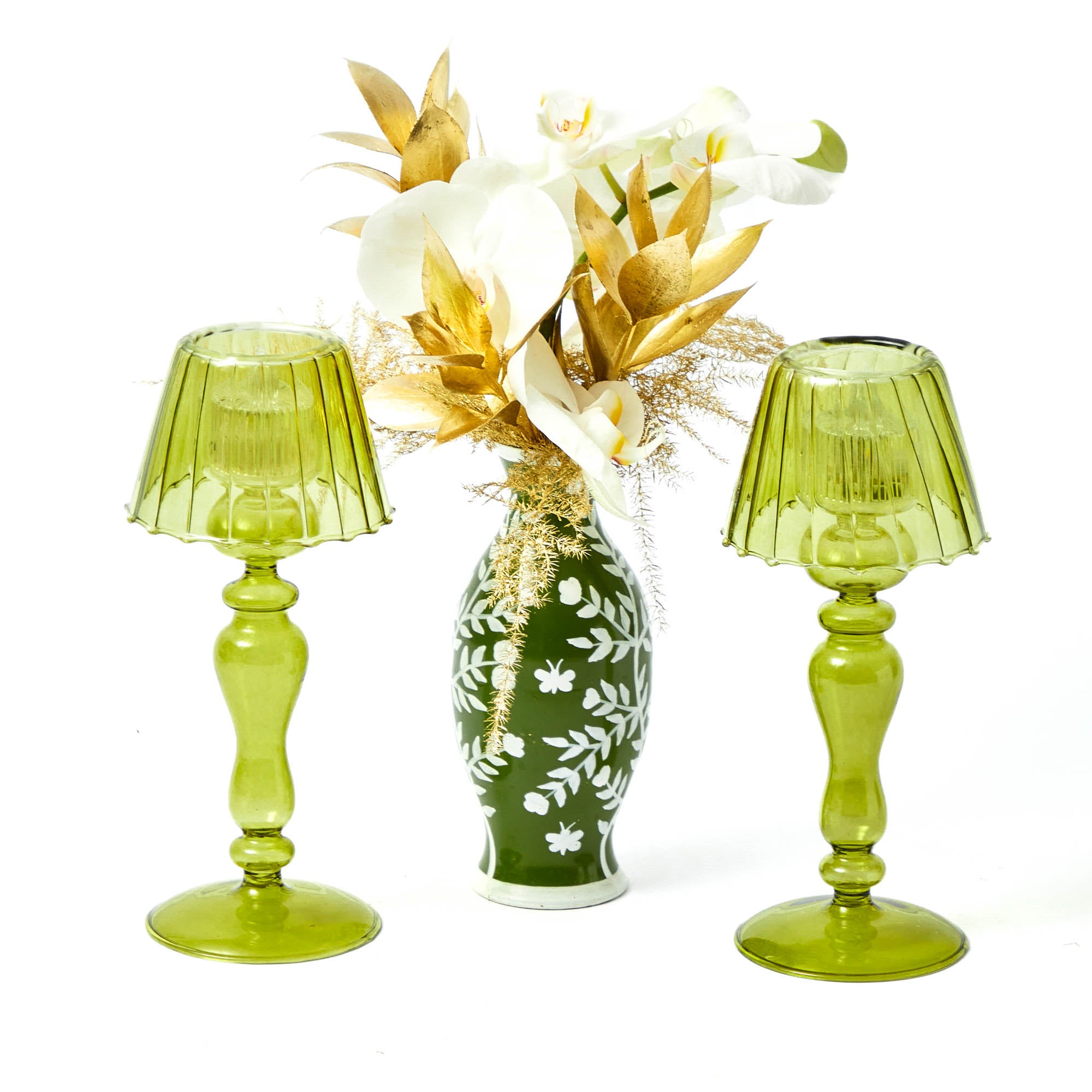 Olive Glass Lantern Tea Light Holder (Pair) - 24 cm