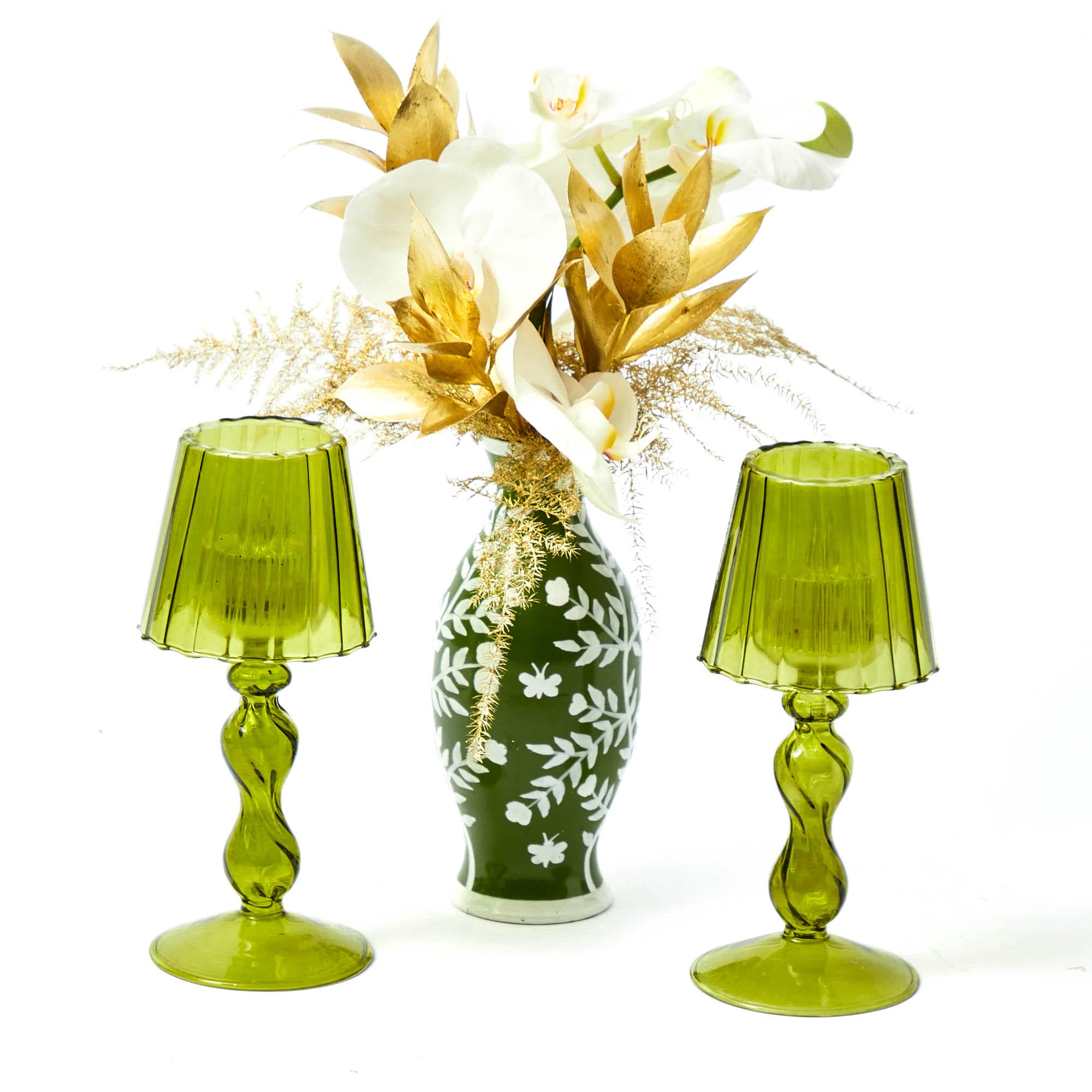 Olive Glass Lantern Tea Light Holder (Pair) - 18 cm