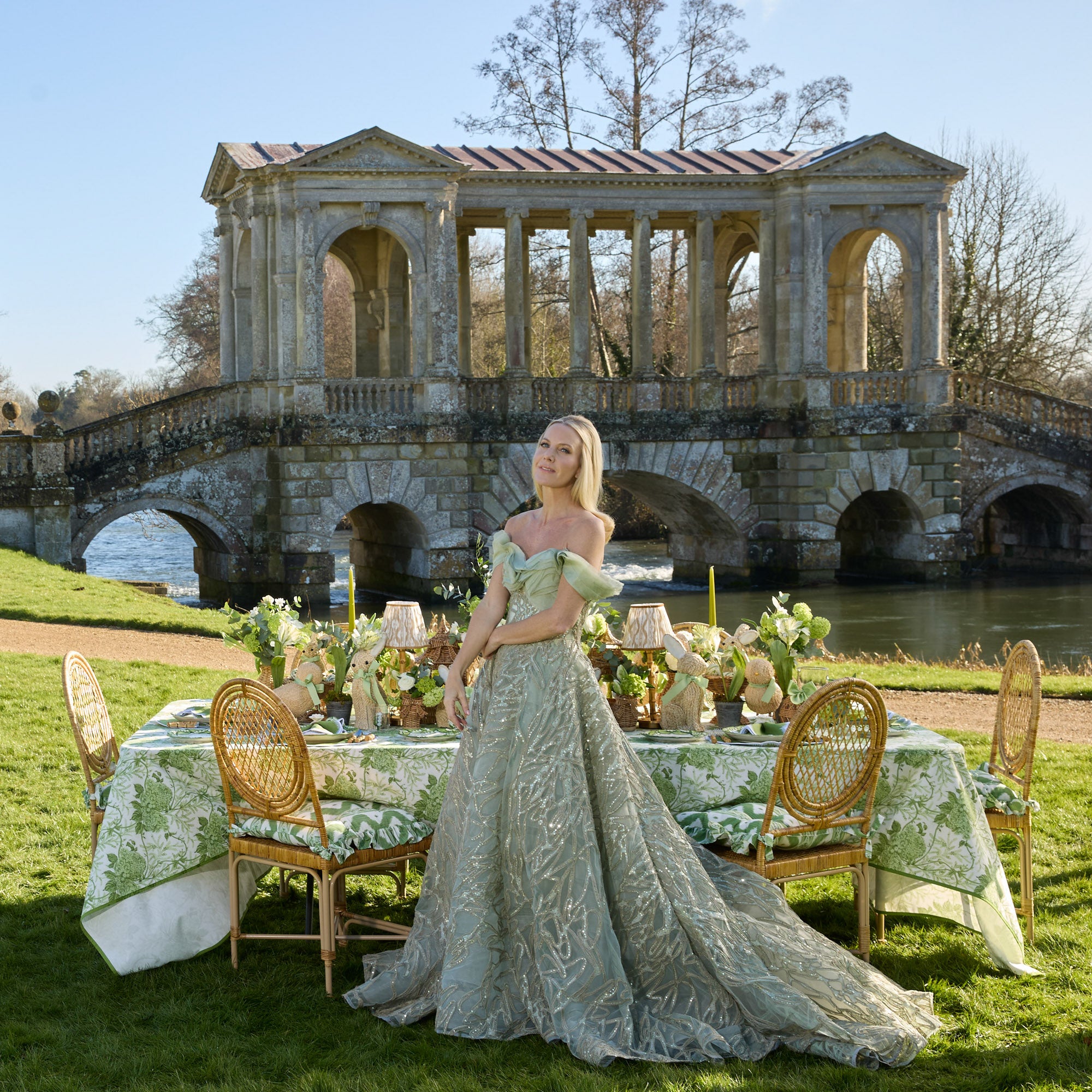 Frilled Green Ikat Seat Pad Cushion (Set of 4)