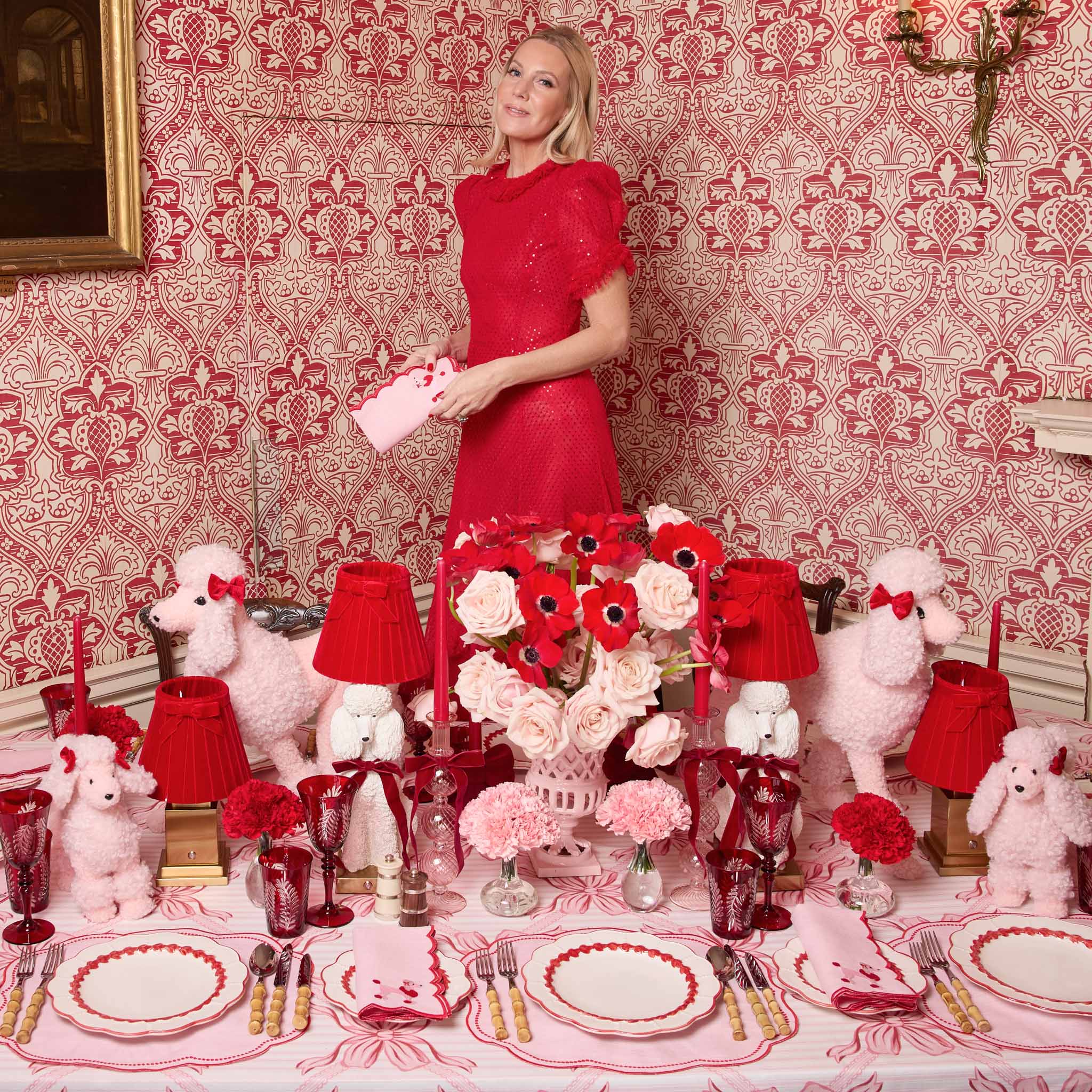 Eloise Pink & Red Linen Placemats & Fifi Poodle Napkins (Set of 4)