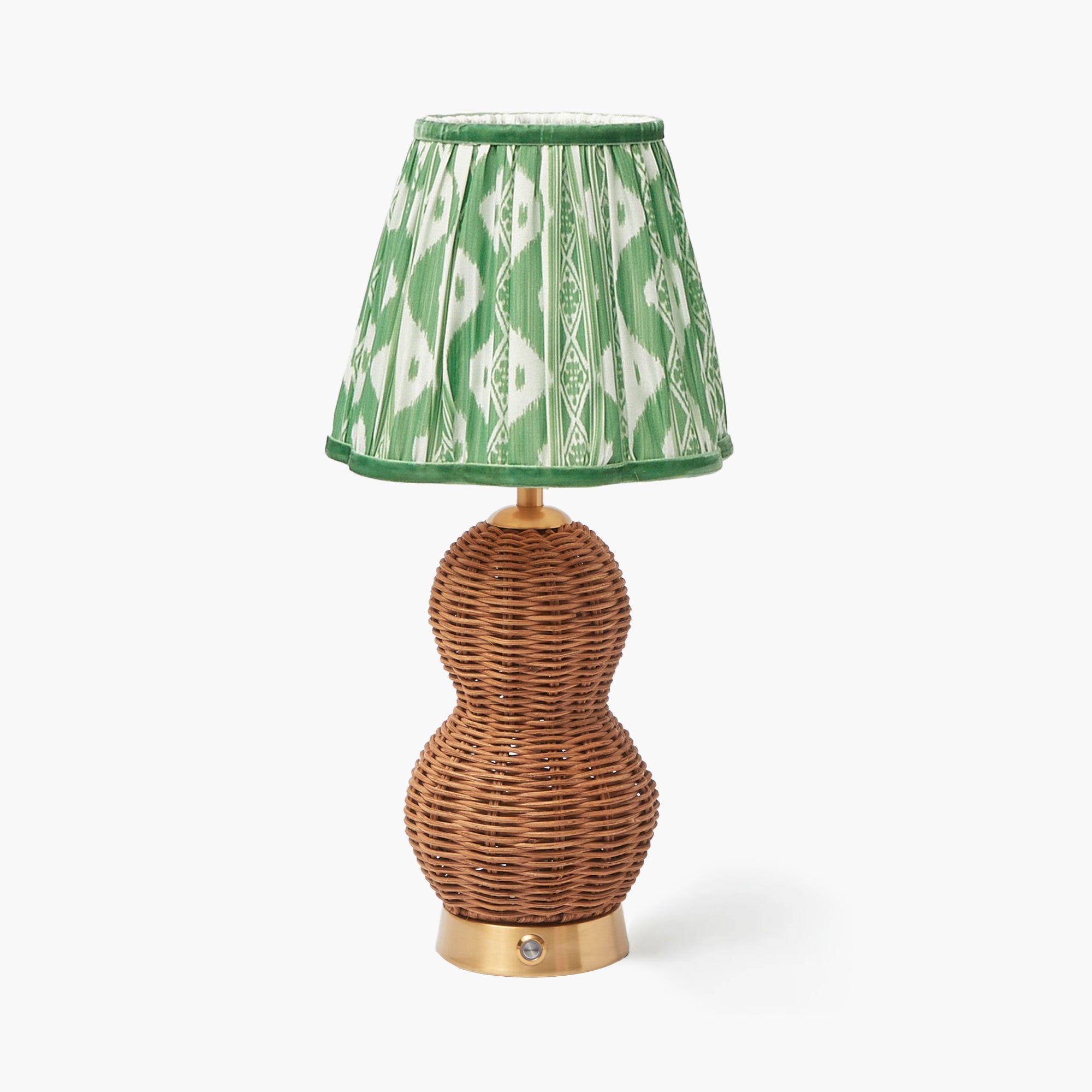 Rattan Bardot Rechargeable Lamp with Green Ikat Shade (18cm)
