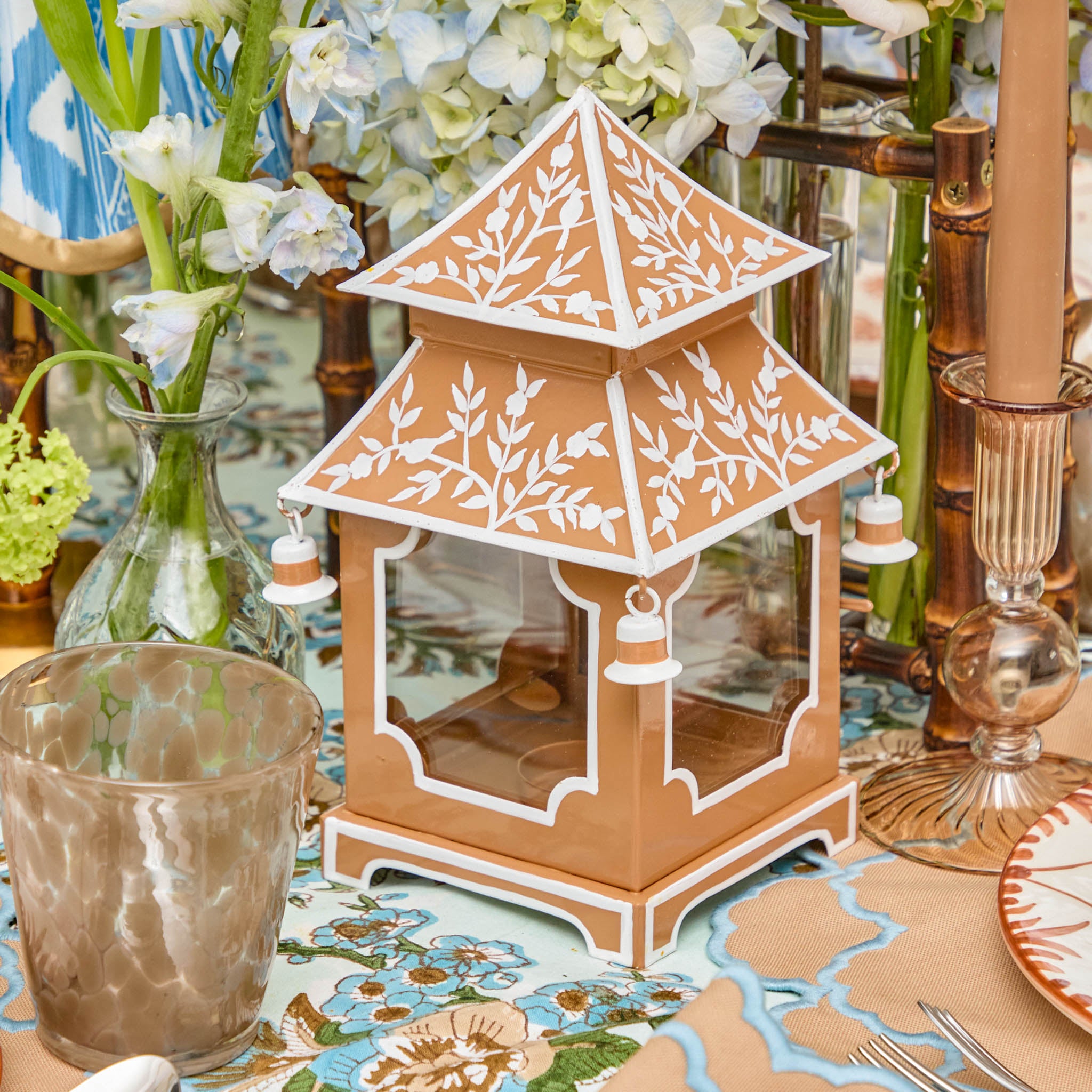 Mini Caramel Chinoiserie Pagoda Lantern (Pair)