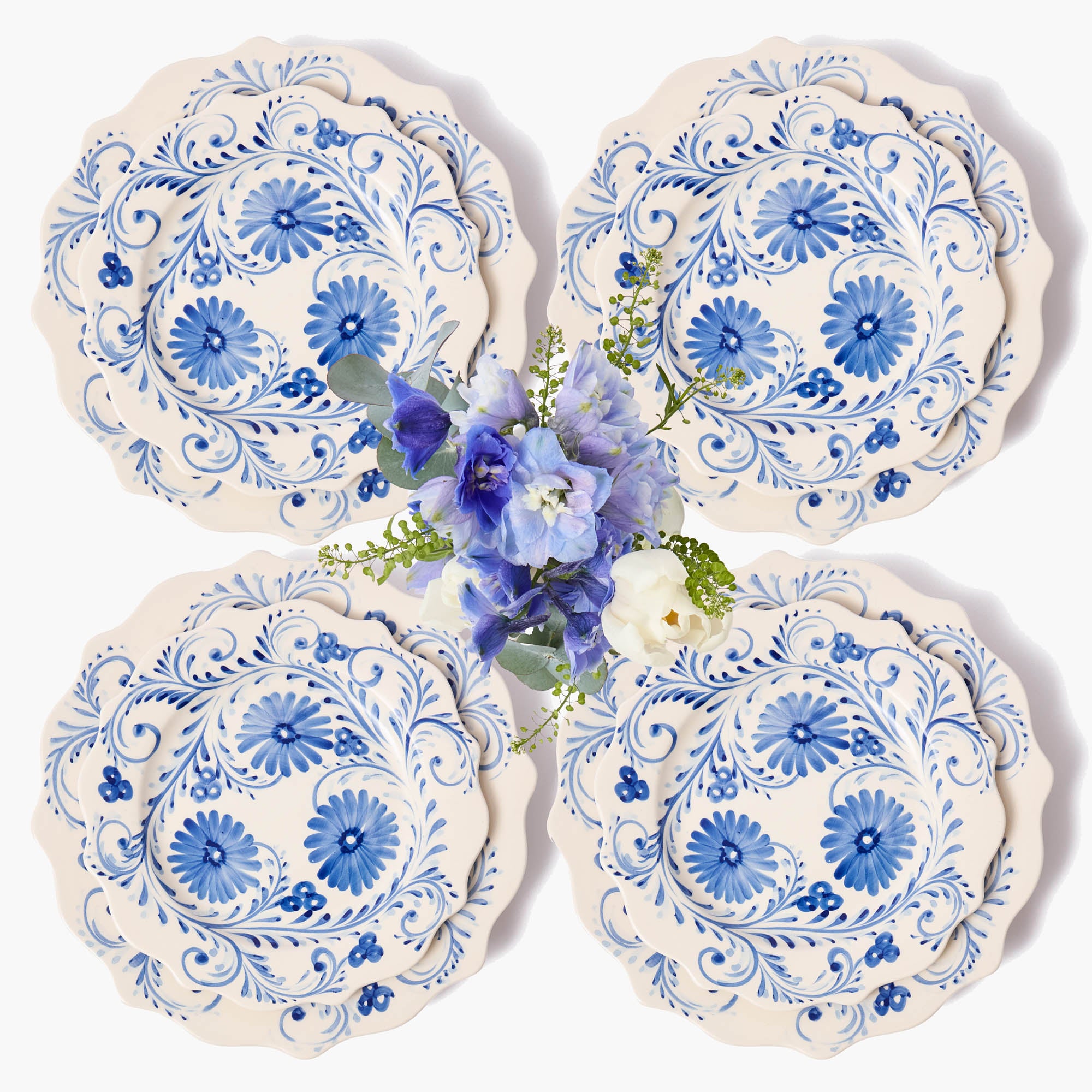 Blue Flowers Dinner & Starter Plates (Set of 8)
