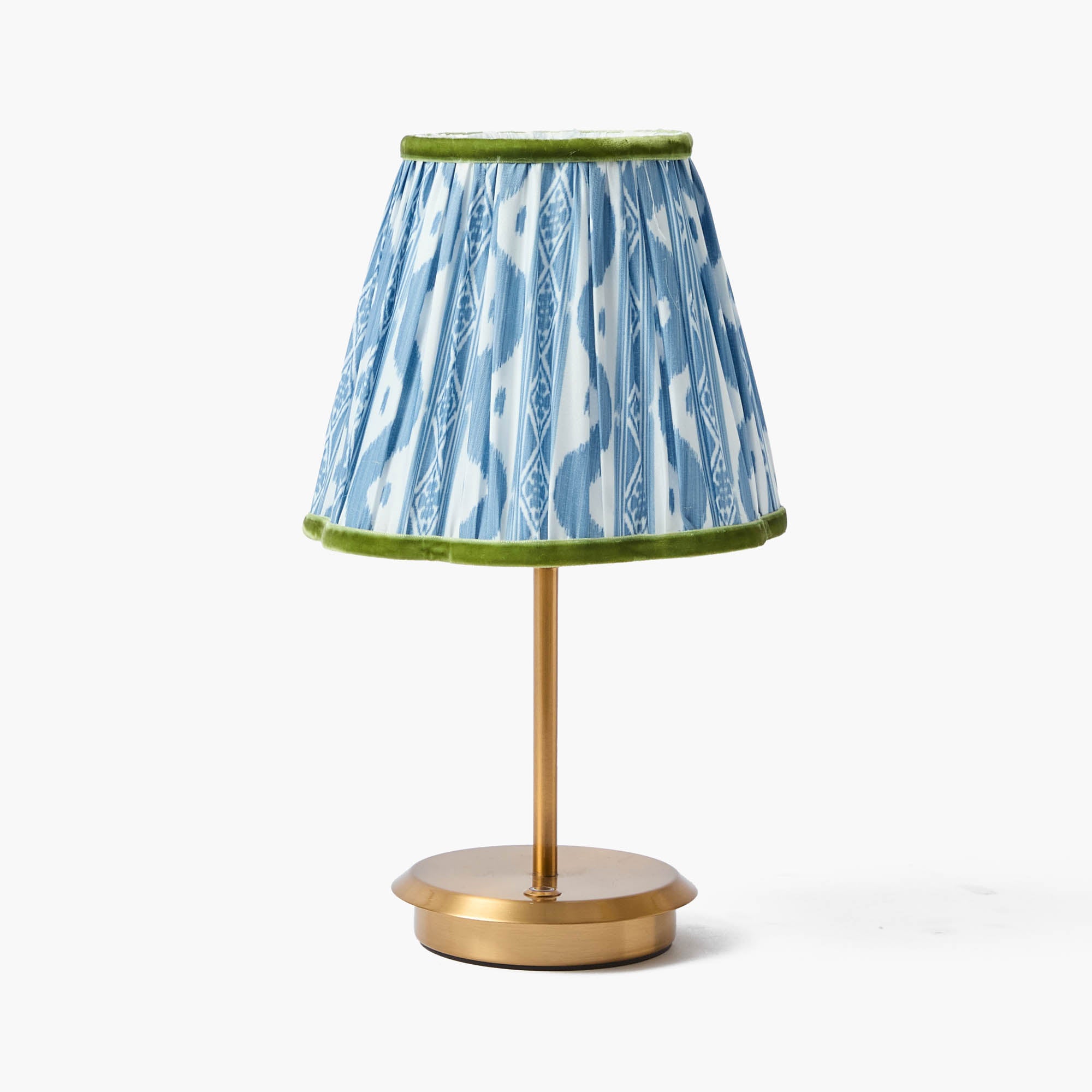 Short Rechargeable Lamp with Blue & Green Ikat Shade (18cm)