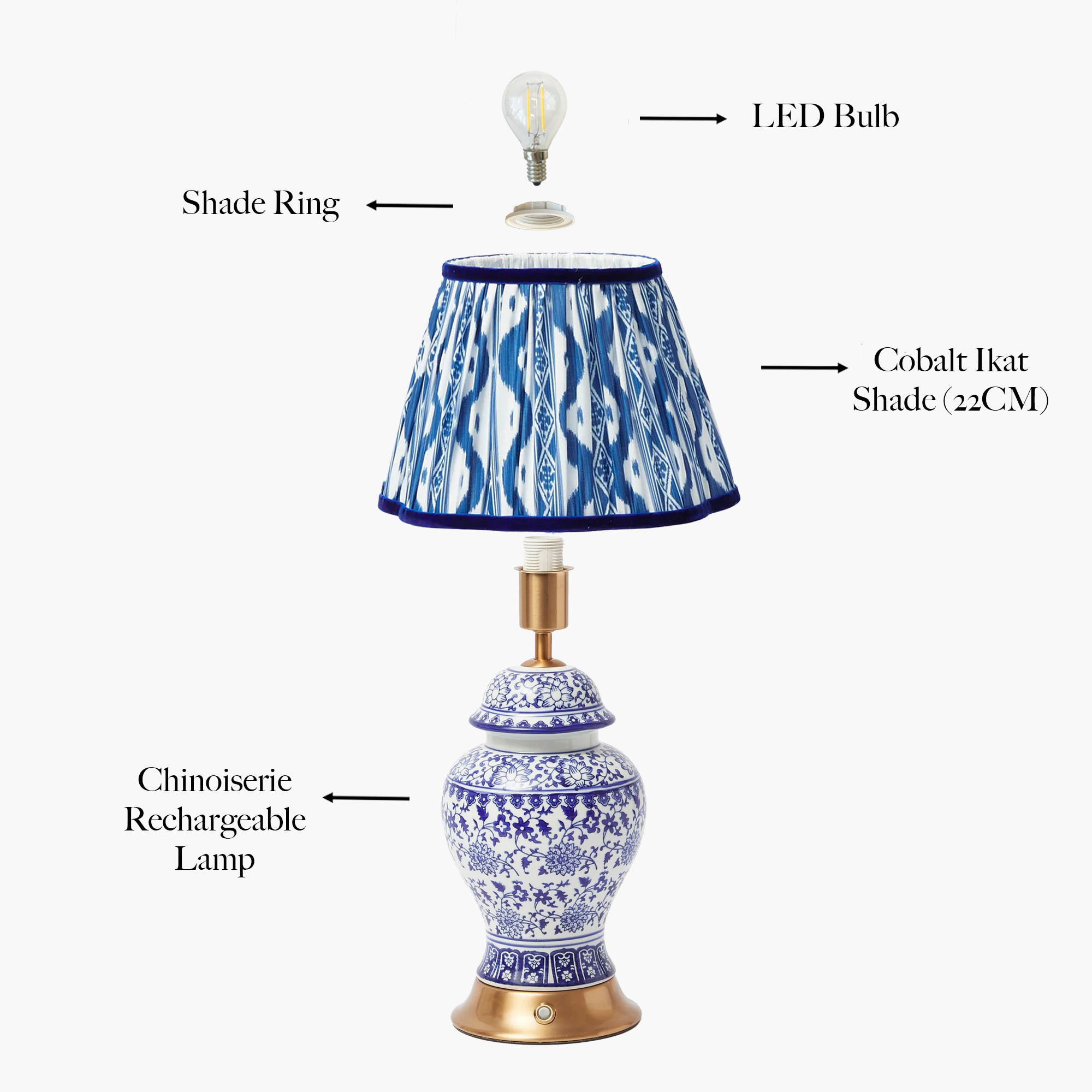 Chinoiserie Rechargeable Lamp & Cobalt Ikat Shade (22cm)
