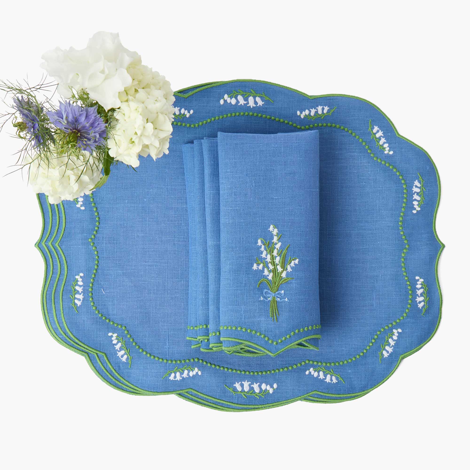 Lily of the Valley Blue Linen Placemats & Napkins (Set of 4)