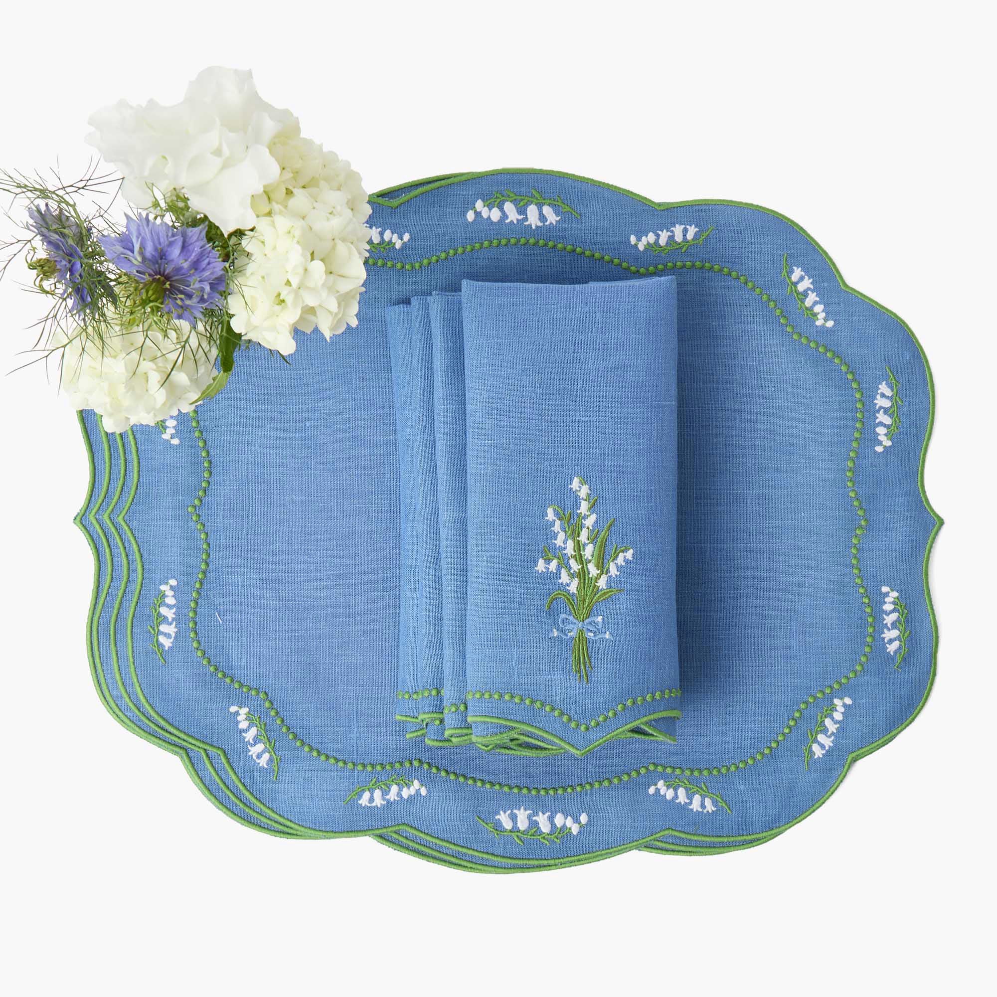 Lily of the Valley Blue Linen Placemats & Napkins (Set of 4)