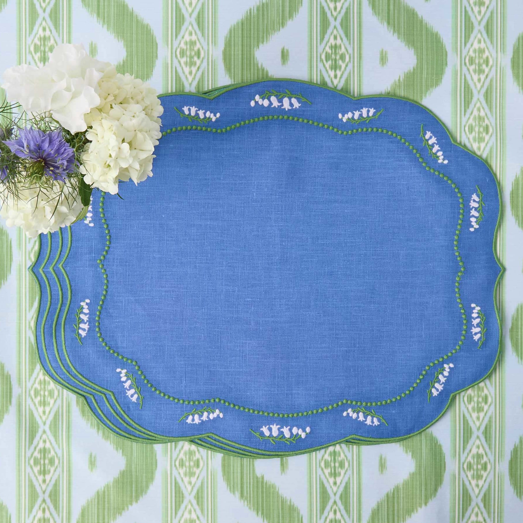 Lily of the Valley Blue Linen Placemats & Napkins (Set of 4)