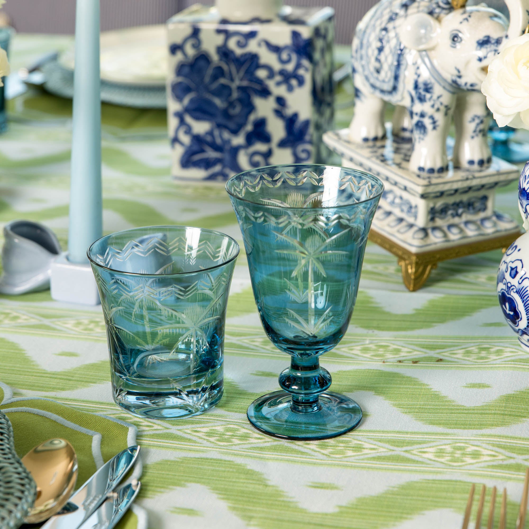 Blue Palm Water Glasses (Set of 4)