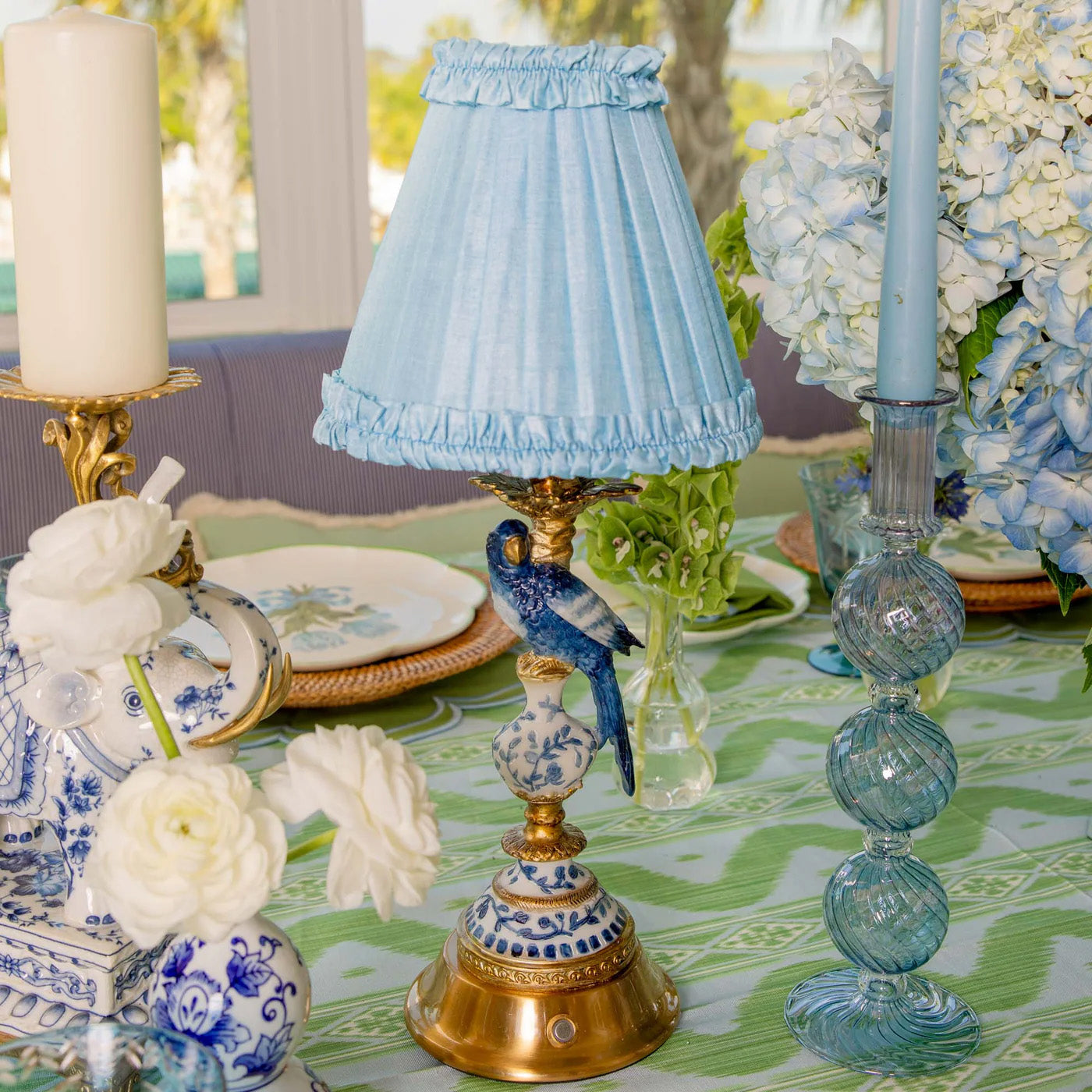Blue Parrot Rechargeable Lamp with Soft Blue Silk Frilled Shade (18cm)
