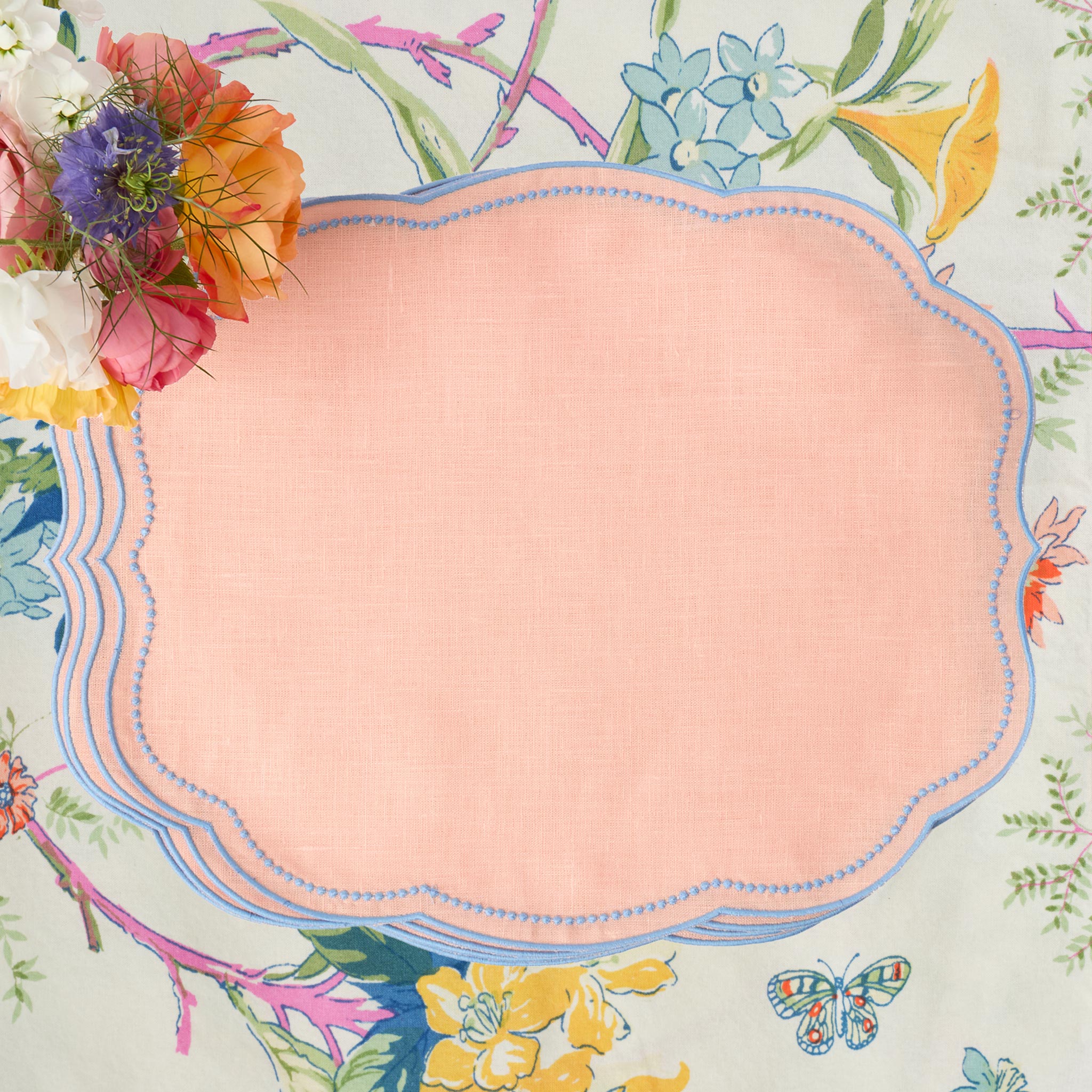Eloise Coral & Blue Linen Placemats (Set of 4)