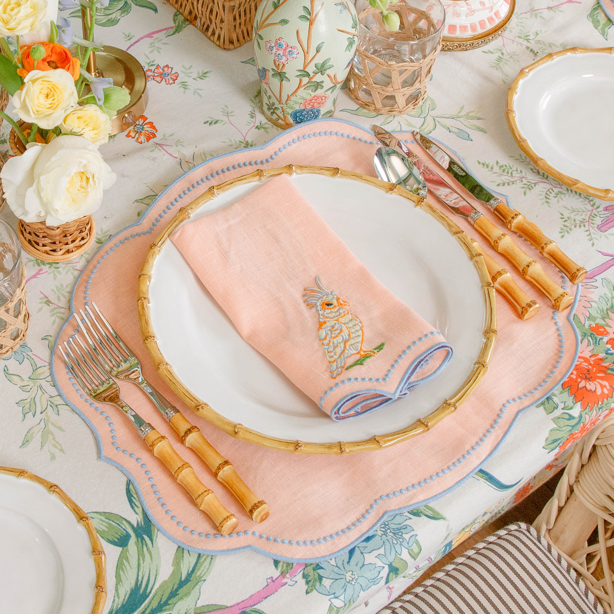 Eloise Coral & Blue Linen Placemats (Set of 4)