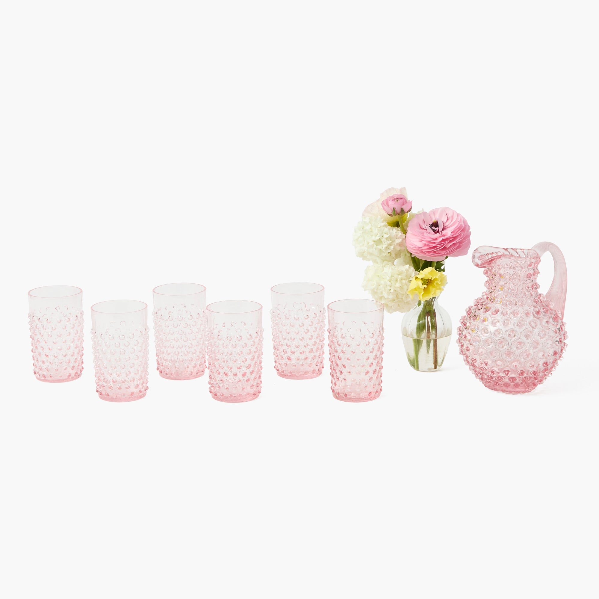 Small Rose Pink Hobnail Jug & Glasses (Set of 6)