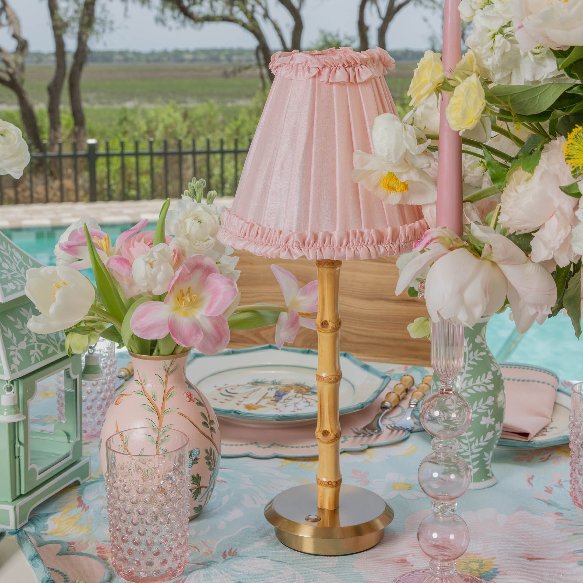 Rechargeable Bamboo Lamp with Pale Pink Silk Frilled Shade (18cm)
