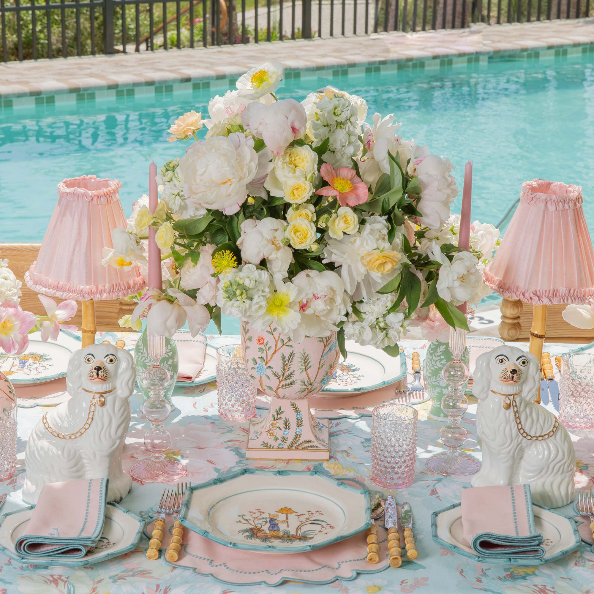 Rechargeable Bamboo Lamp with Pale Pink Silk Frilled Shade (18cm)