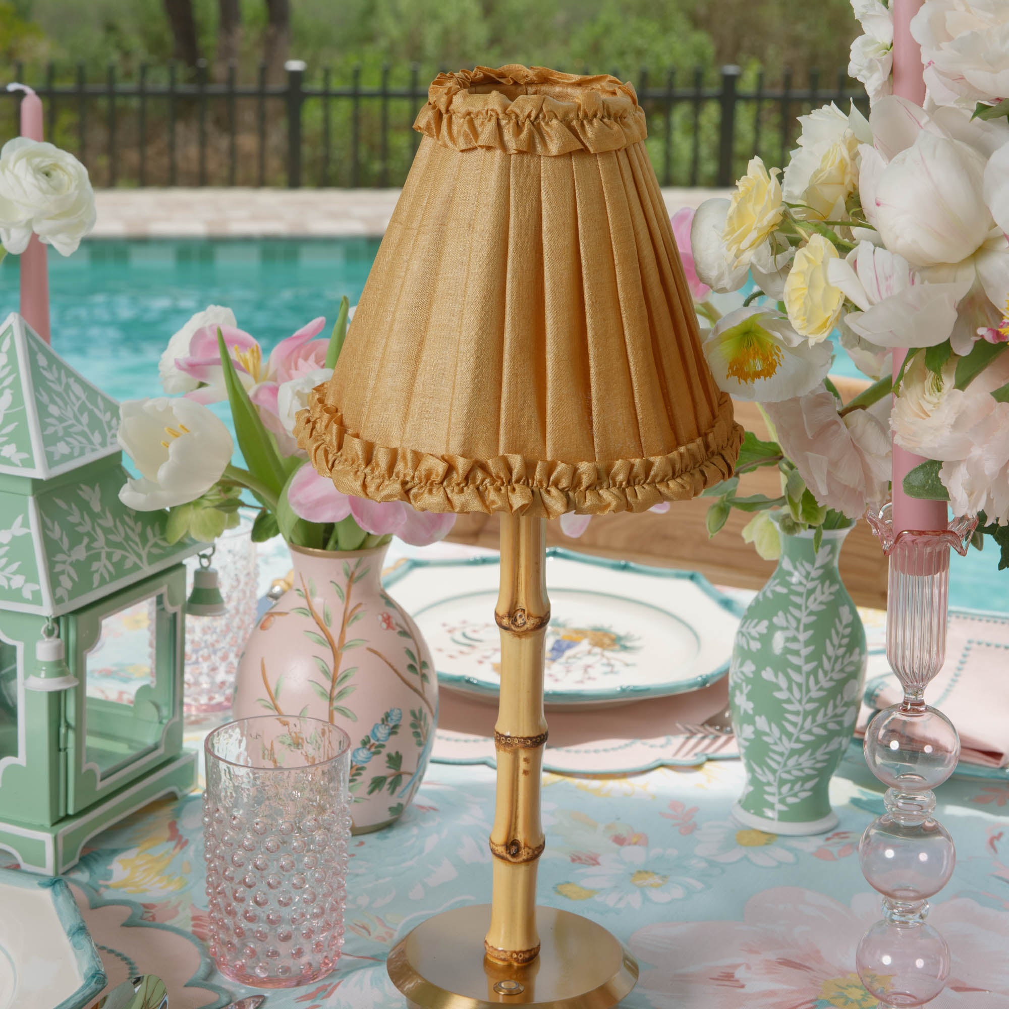 Rechargeable Bamboo Lamp with Caramel Silk Frilled Shade (18cm)