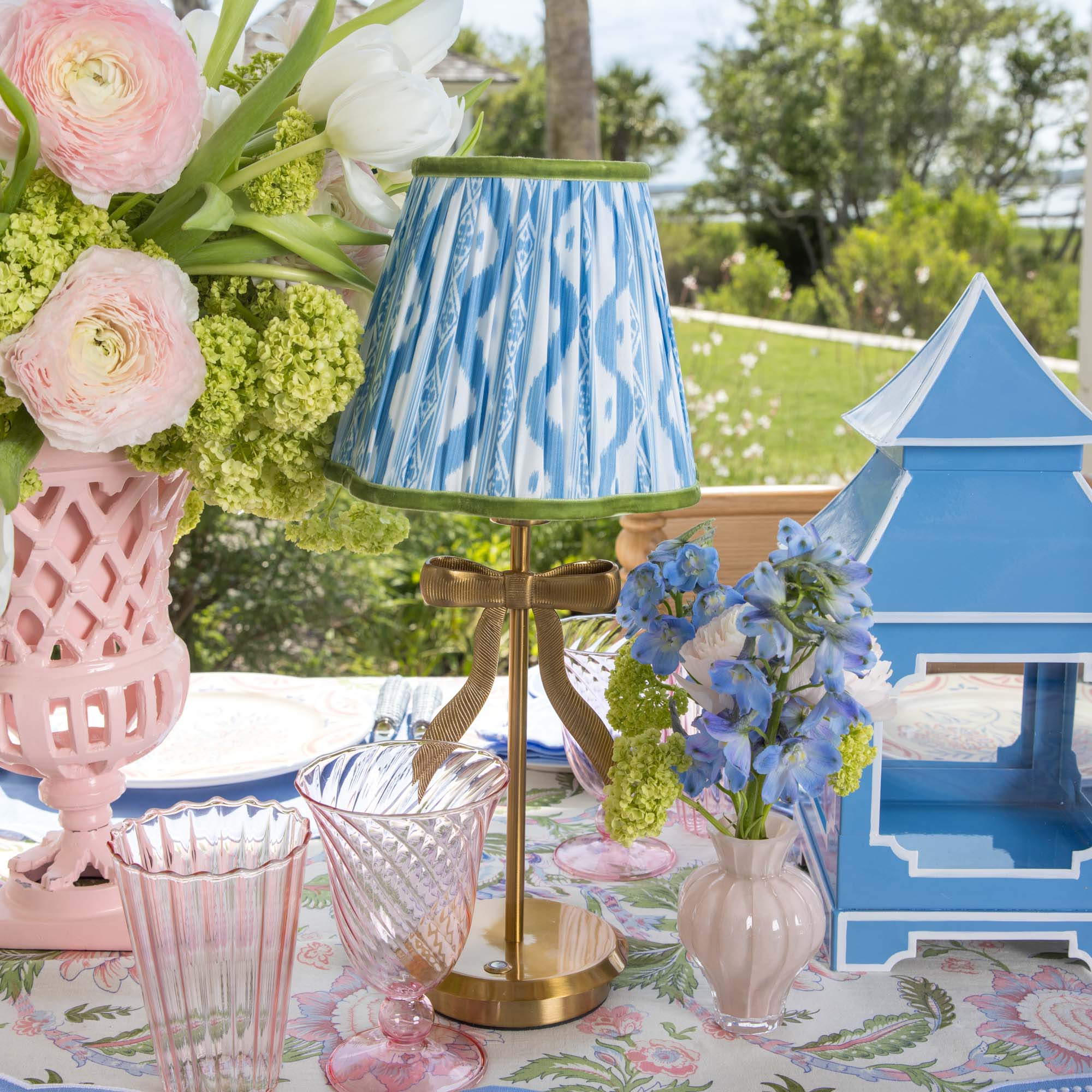 Marilyn Bow Rechargeable Lamp with Blue & Green Ikat Shade (18cm)