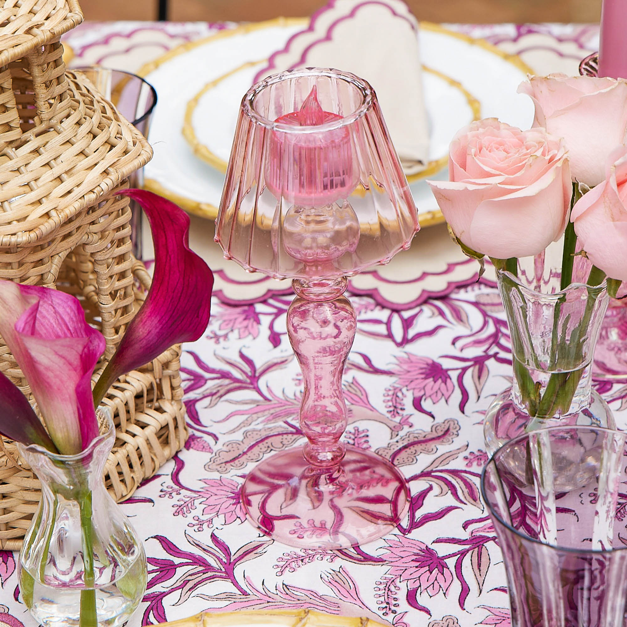 Pink Glass Lantern Tea Light Holder (Pair) - 24cm