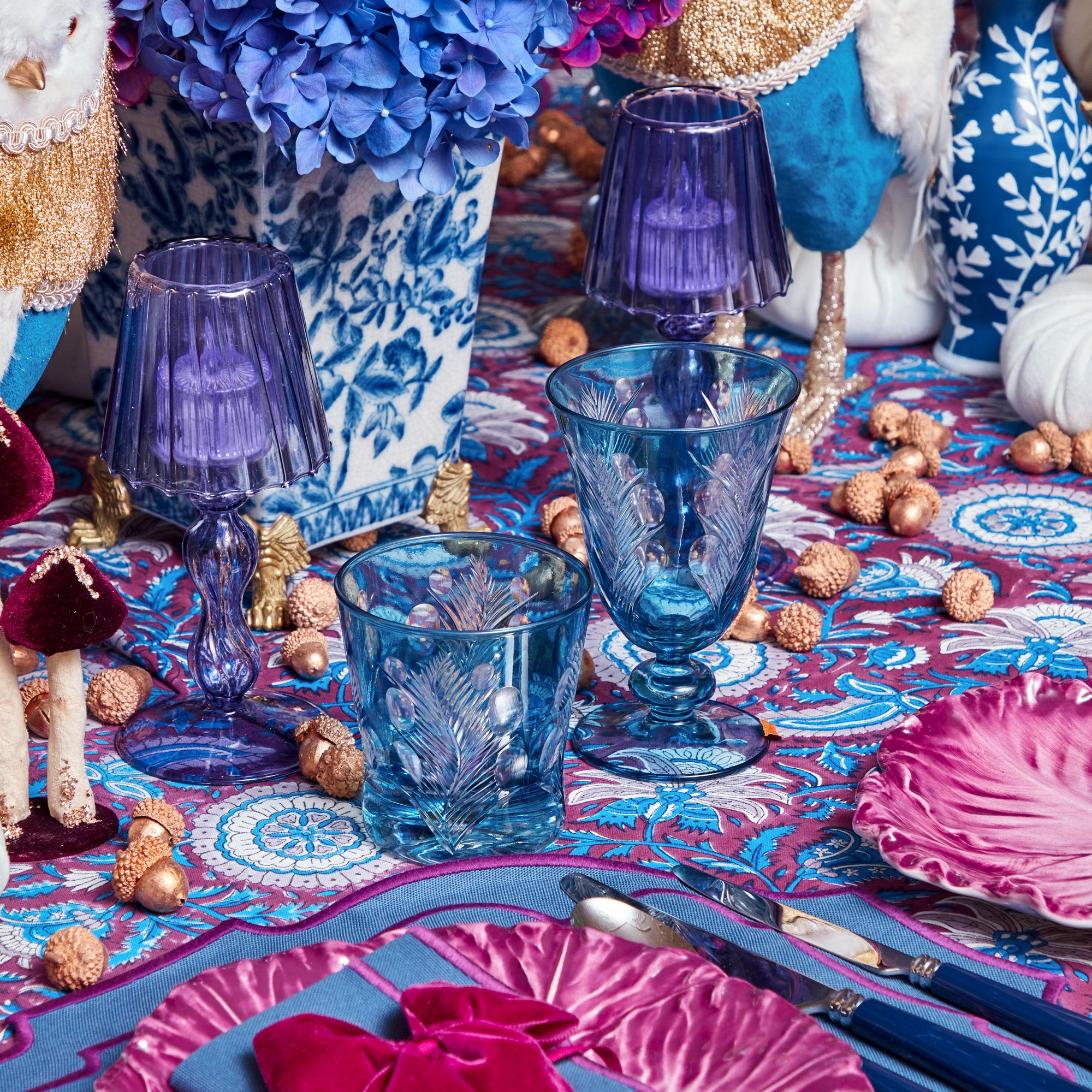 Purple Glass Lantern Tea Light Holder (Pair) - 18cm