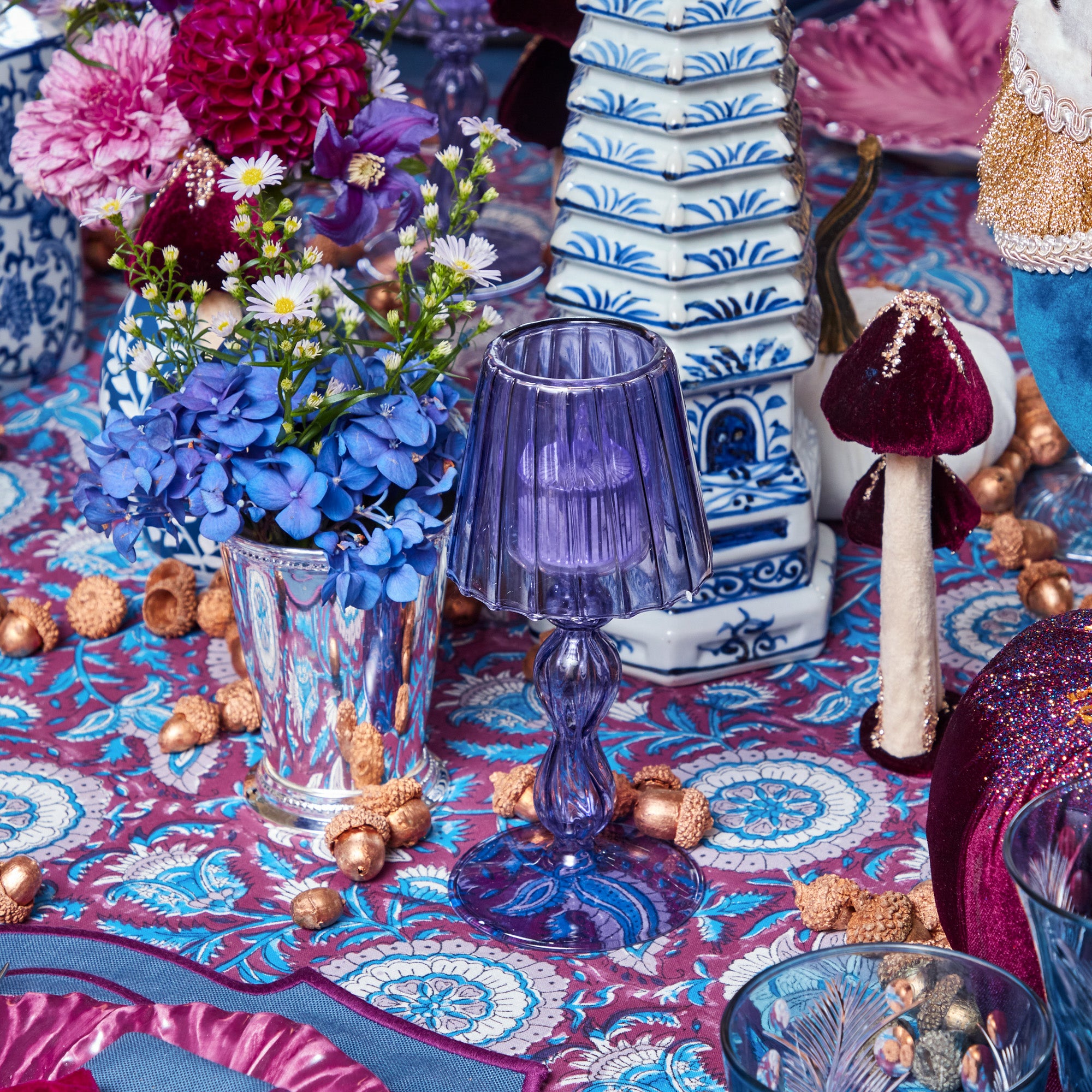 Purple Glass Lantern Tea Light Holder (Pair) - 18cm