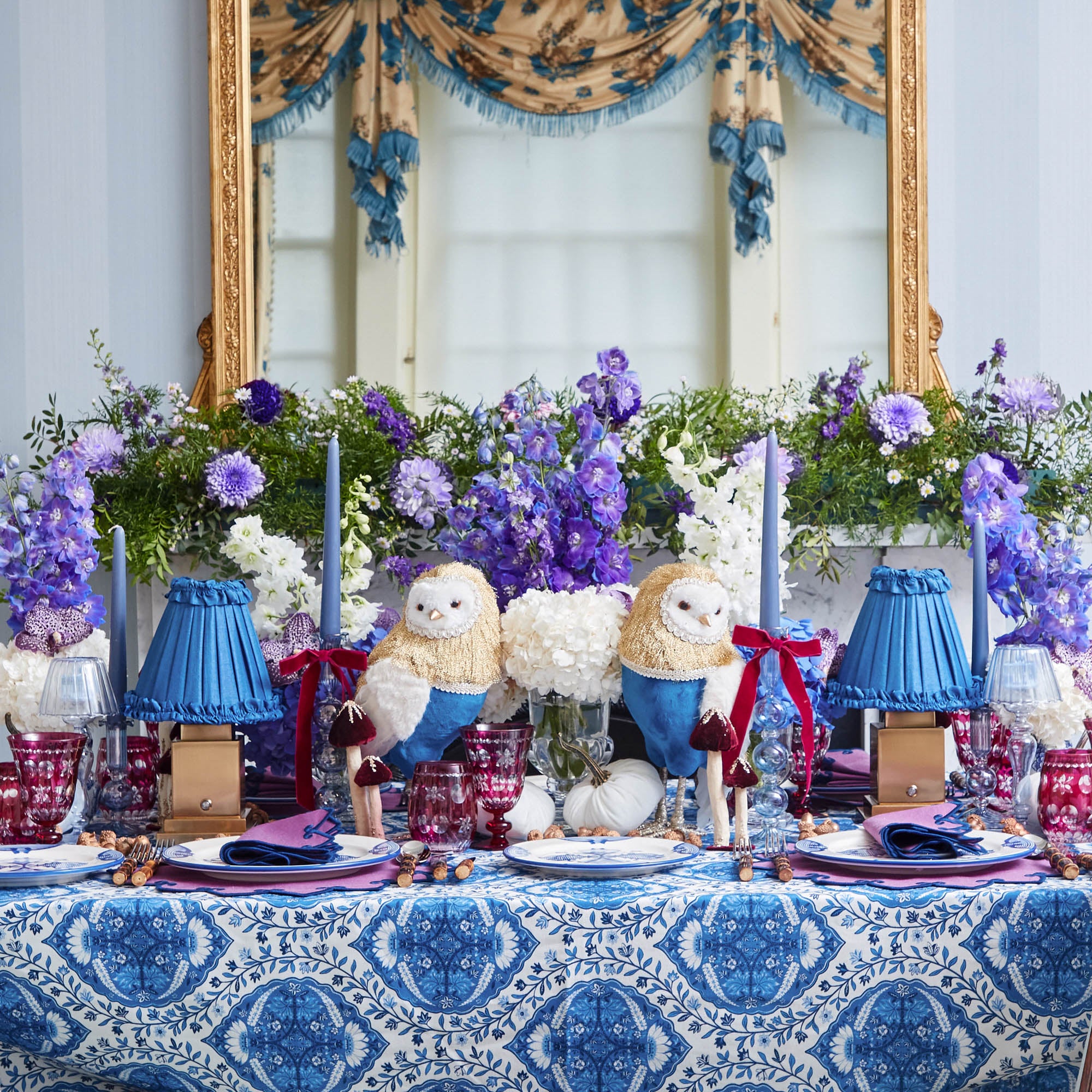 Square Rechargeable Lamp with Blue Frilled Silk Shade (18cm)