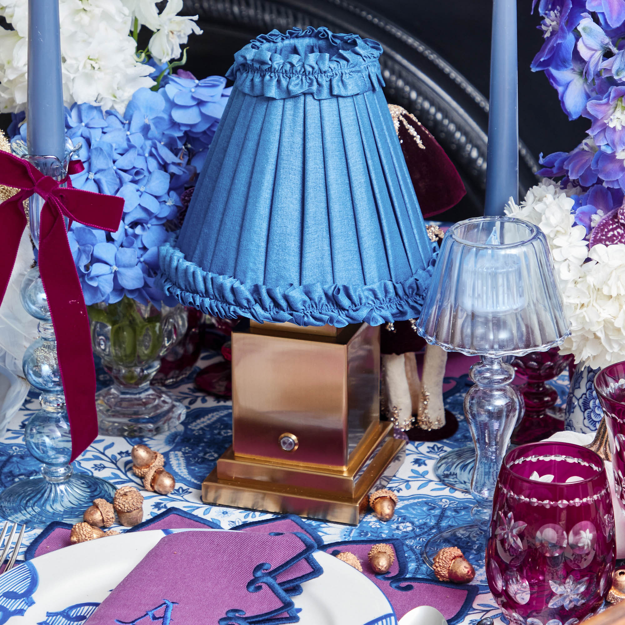 Square Rechargeable Lamp with Blue Frilled Silk Shade (18cm)