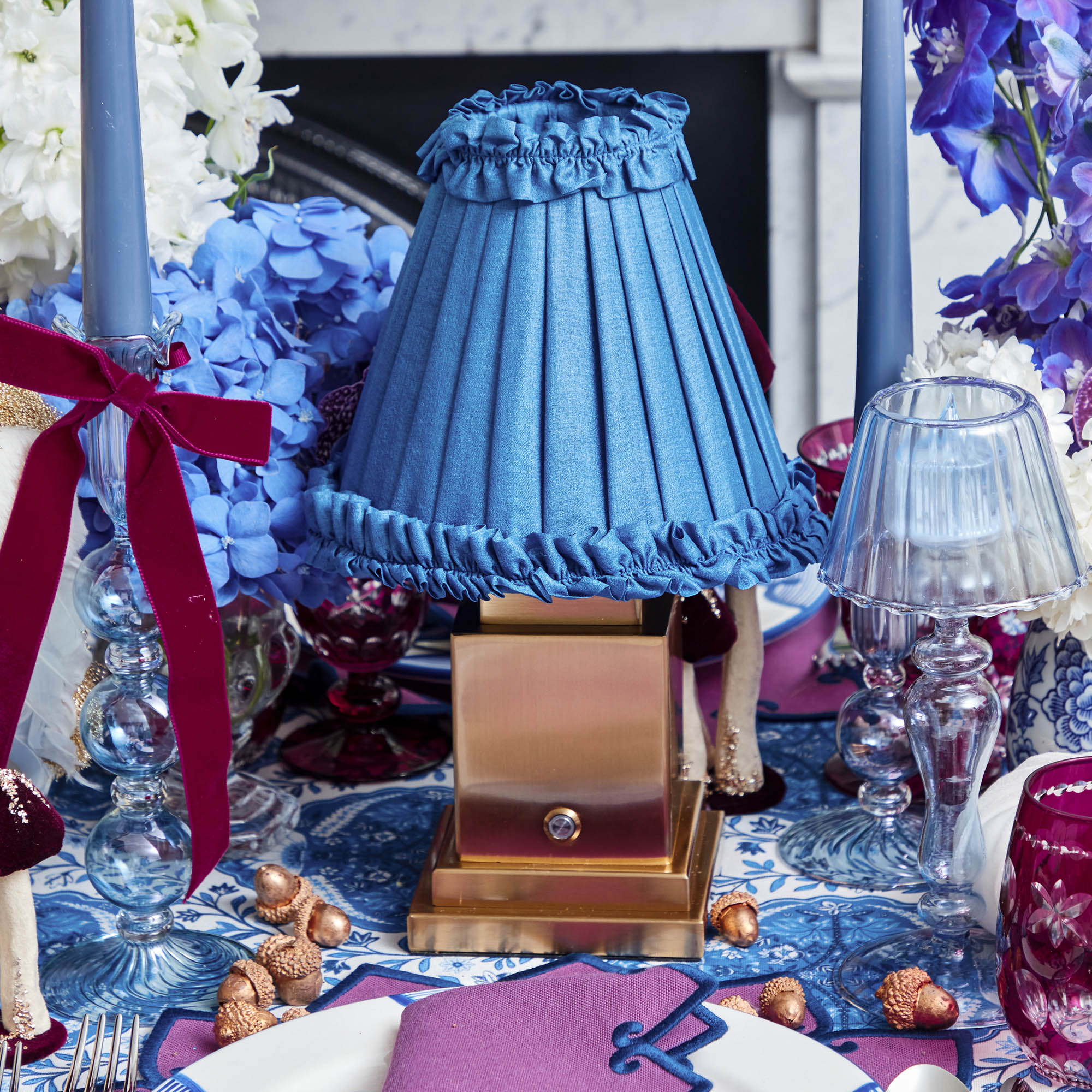 Square Rechargeable Lamp with Blue Frilled Silk Shade (18cm)