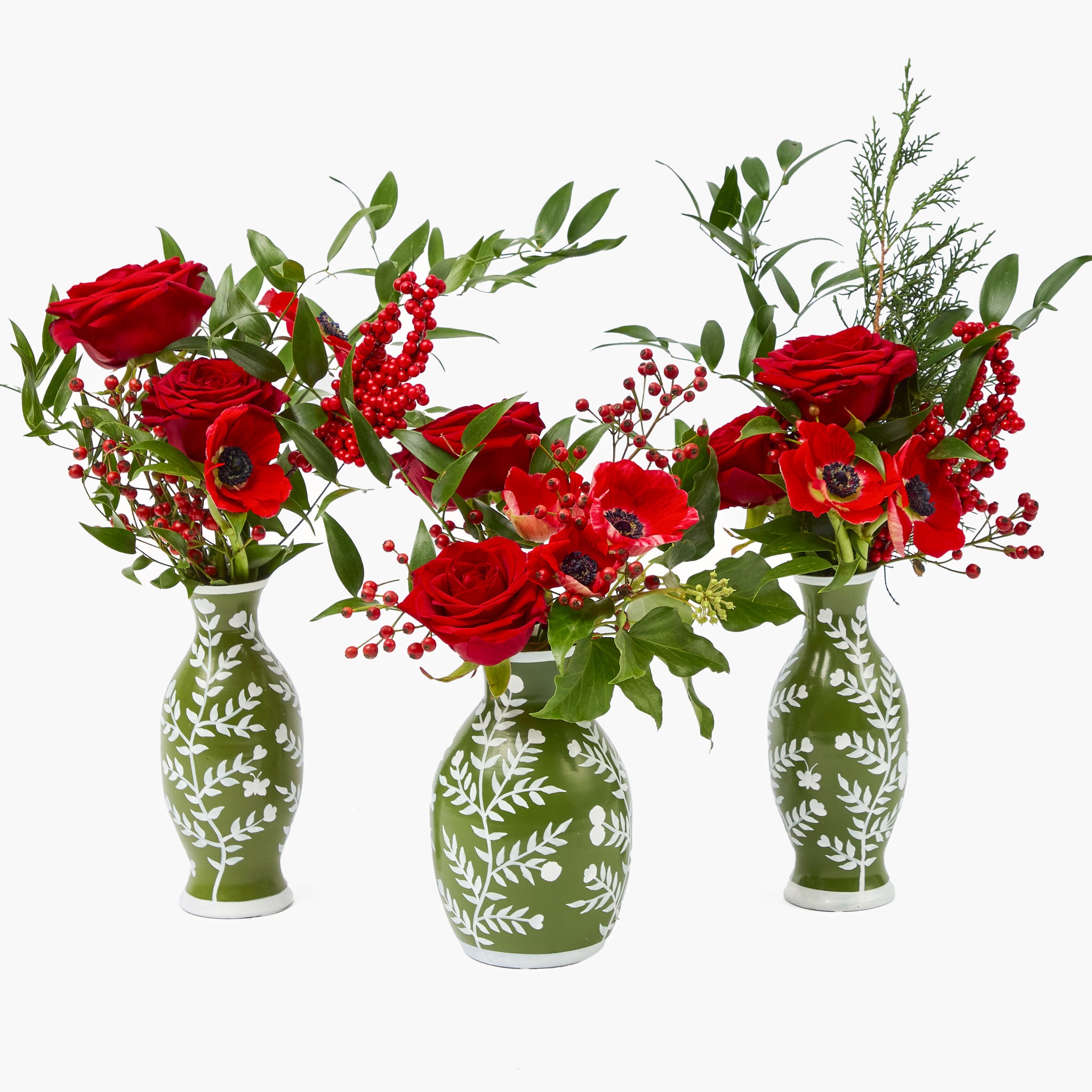 Olive Hand Painted Tole Bud Vases (Set of 3)