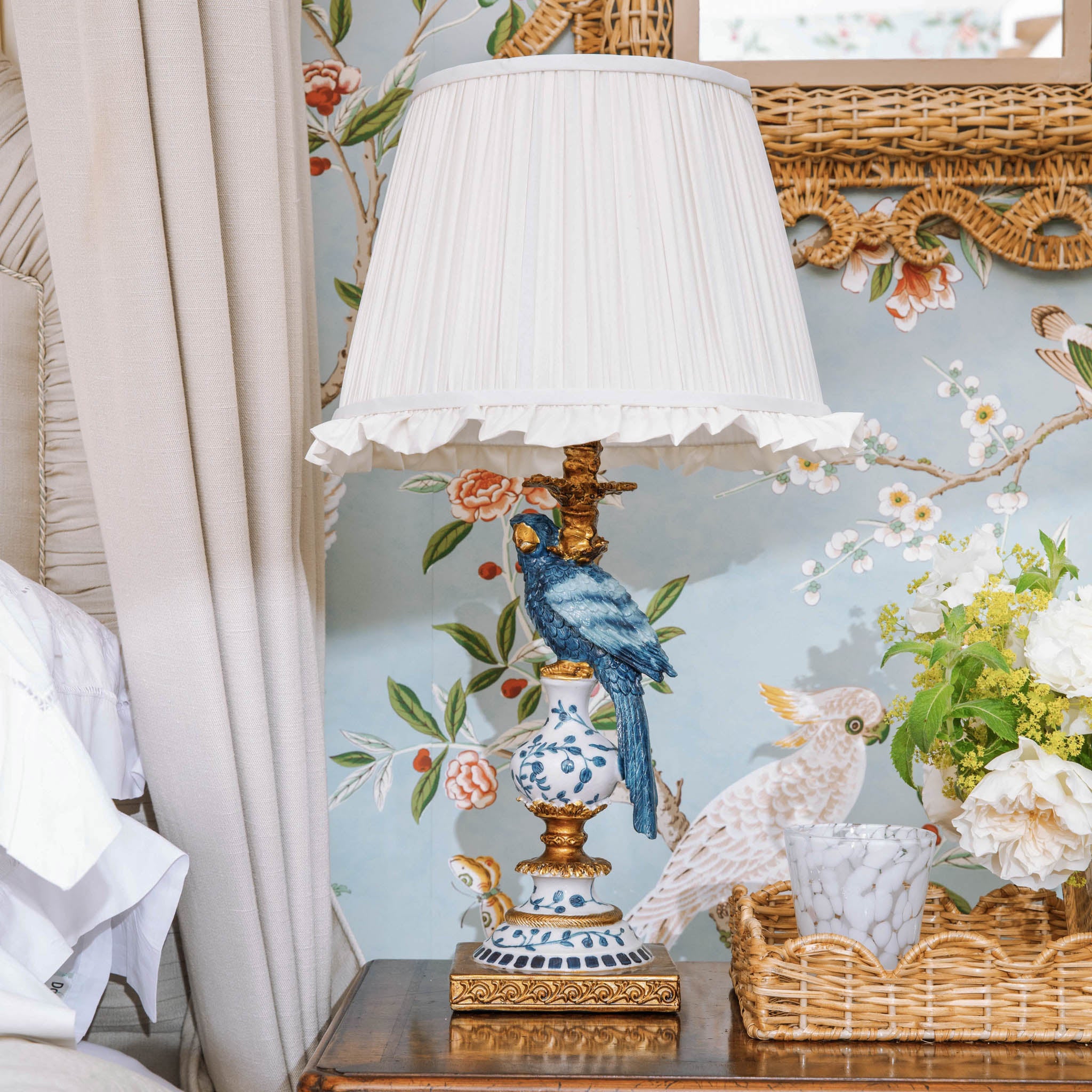 Blue Parrot Lamp with Cream Ruffle Shade (30cm)