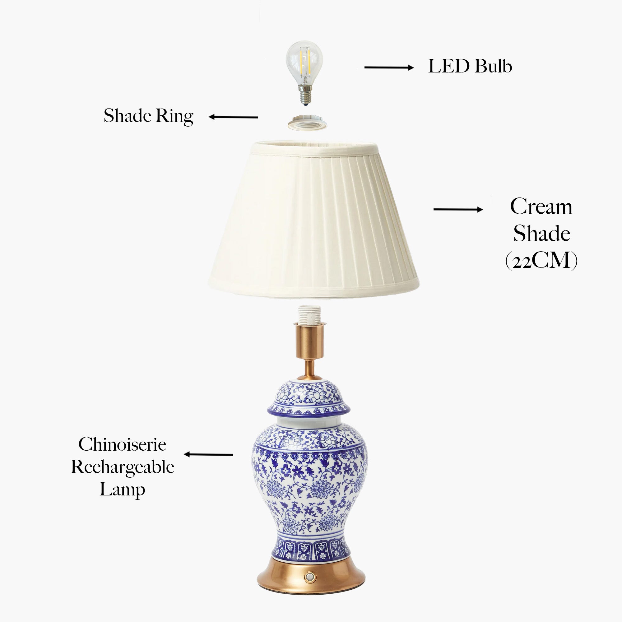 Chinoiserie Rechargeable Lamp & Cream Shade (22cm)