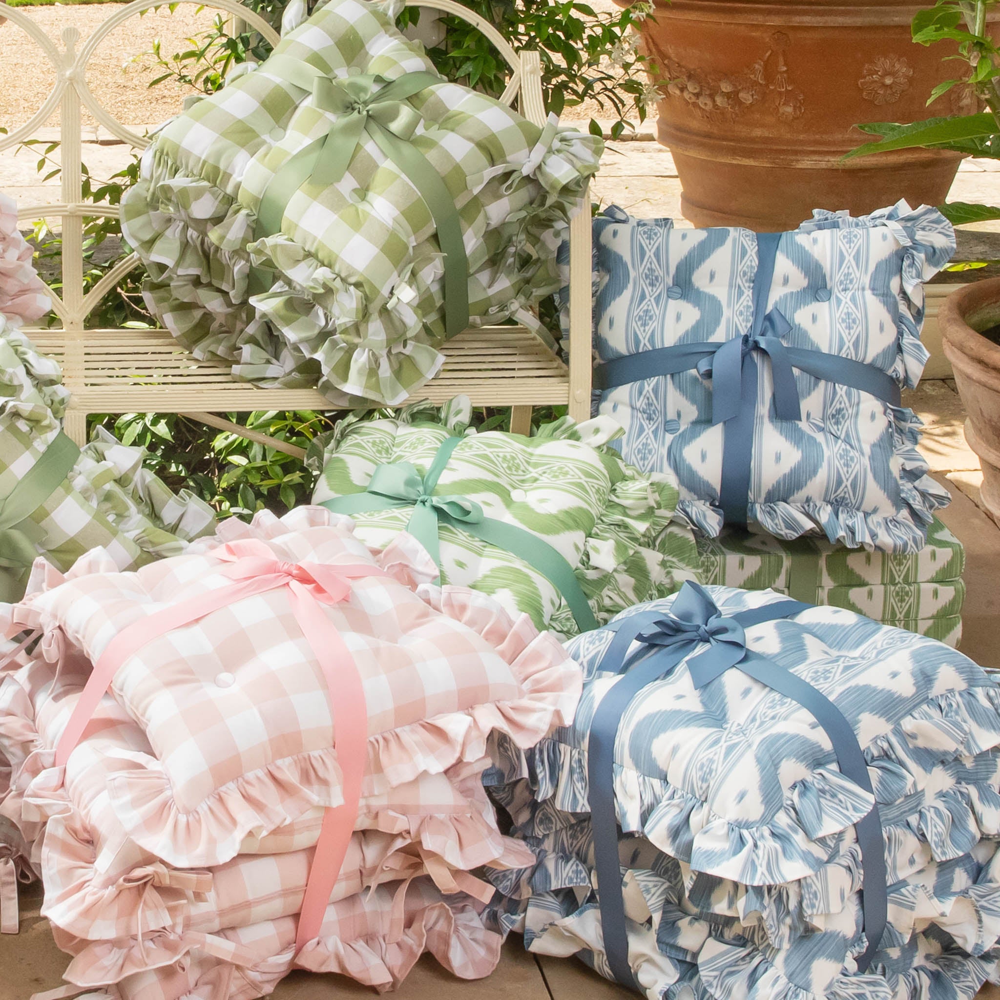 Frilled Blue Ikat Seat Pad Cushions (Set of 4)