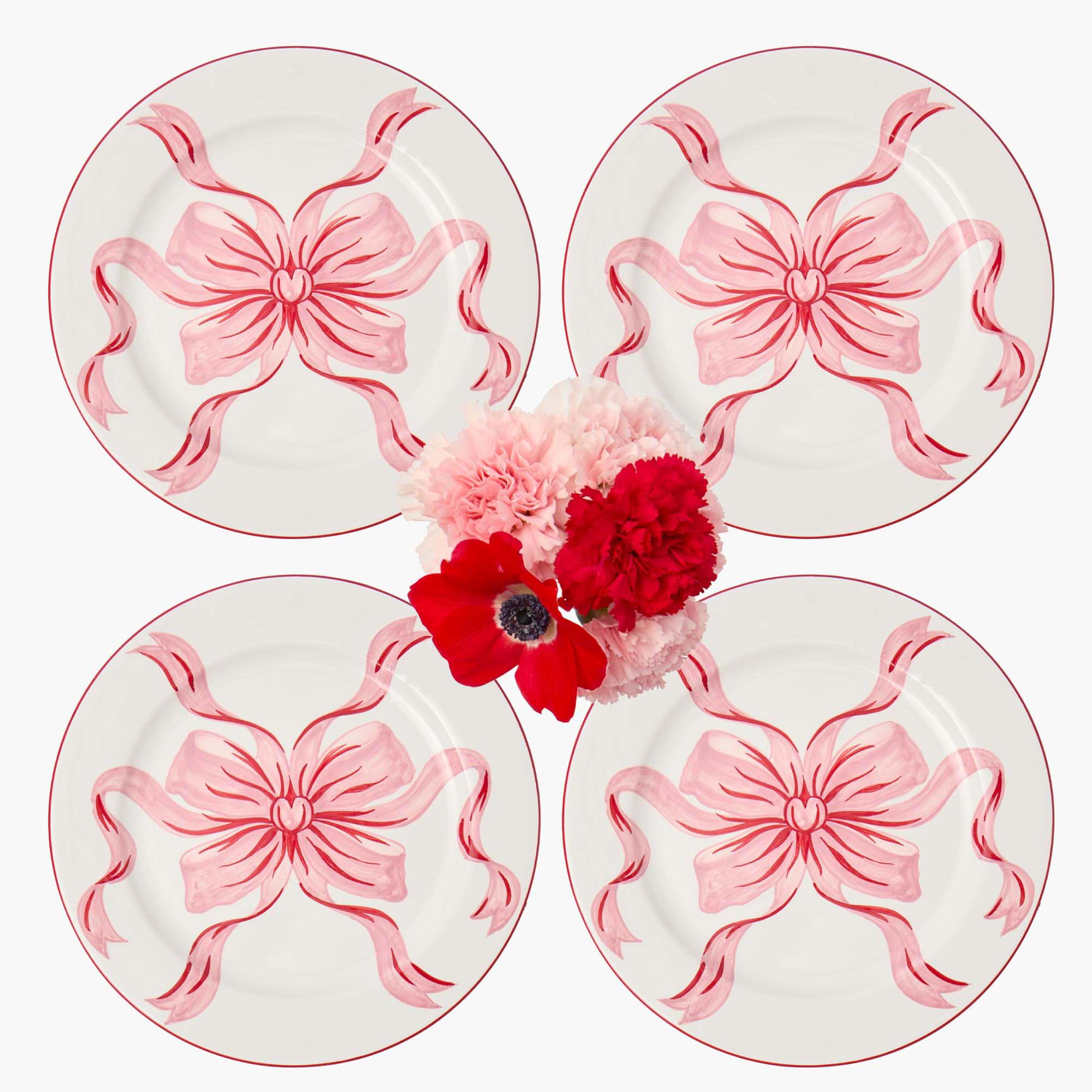 Audrey Pink & Red Bow Dinner Plates (Set of 4)