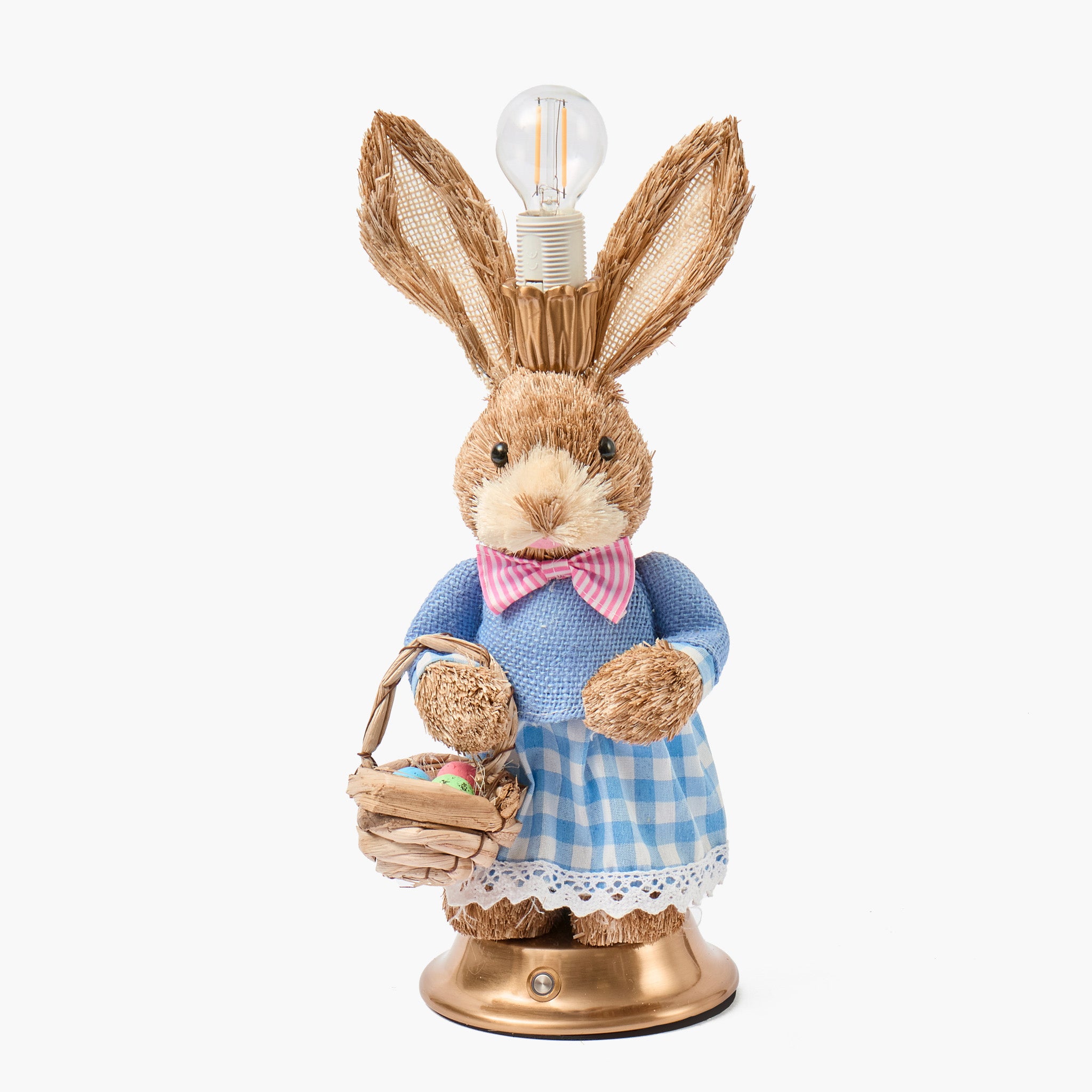 Decorative rabbit figurine with a light bulb head on a white background