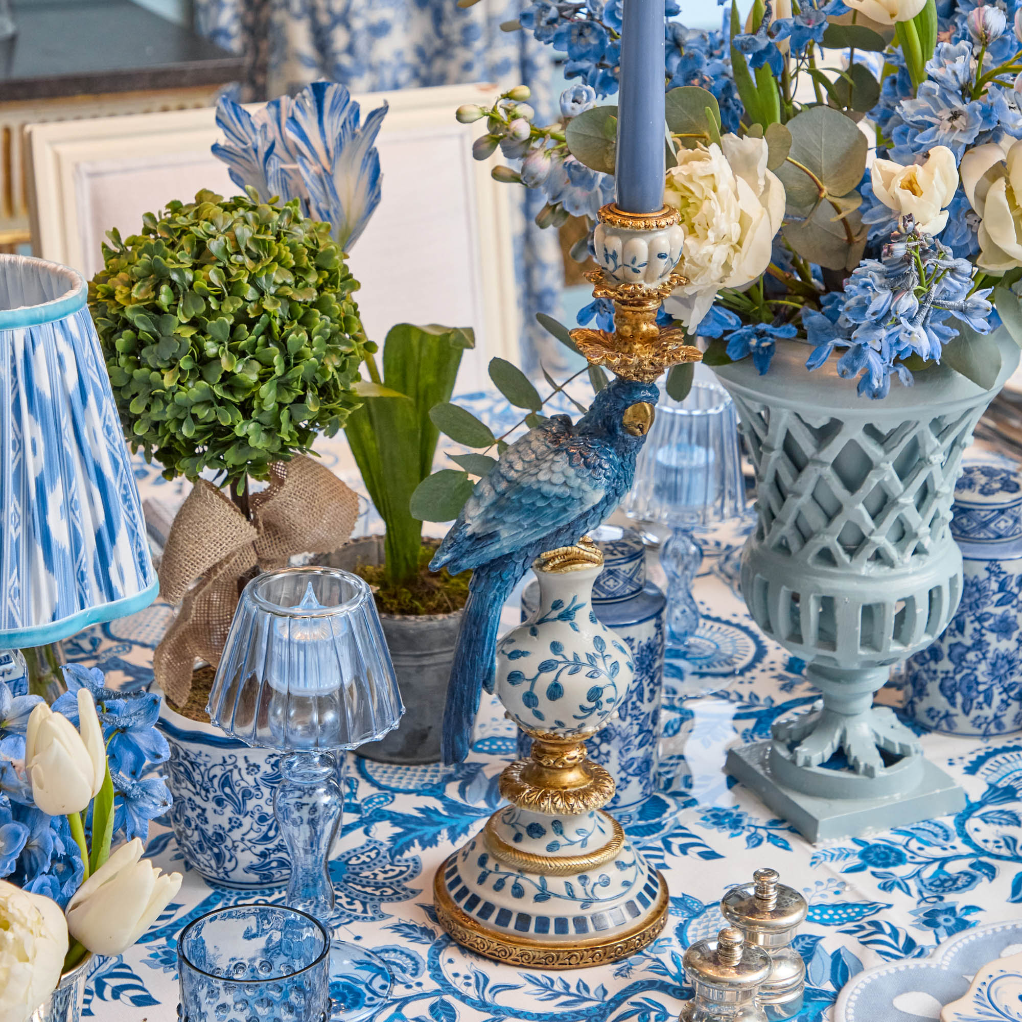 Blue Glass Lantern Tea Light Holders (Pair) - 24cm