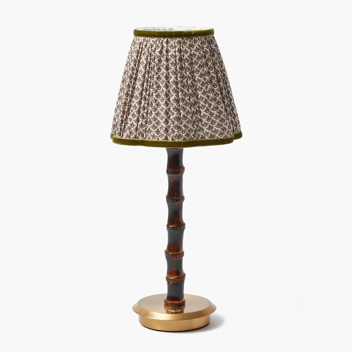 Burnt Bamboo Rechargeable Lamp with Chocolate & Olive Lotus Shade (18cm)