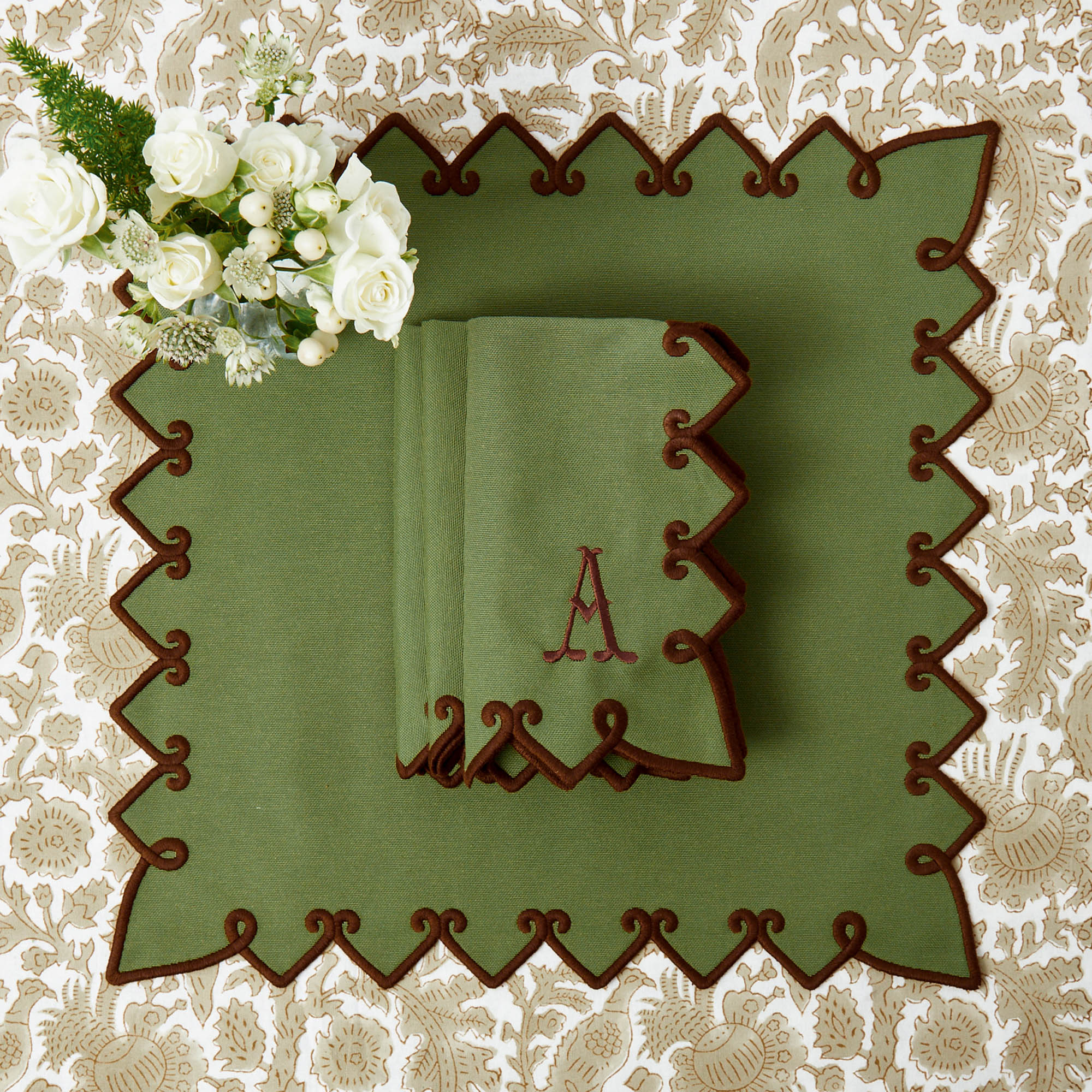 Angelina Forest Green & Brown Placemats & Napkins (Set of 4)
