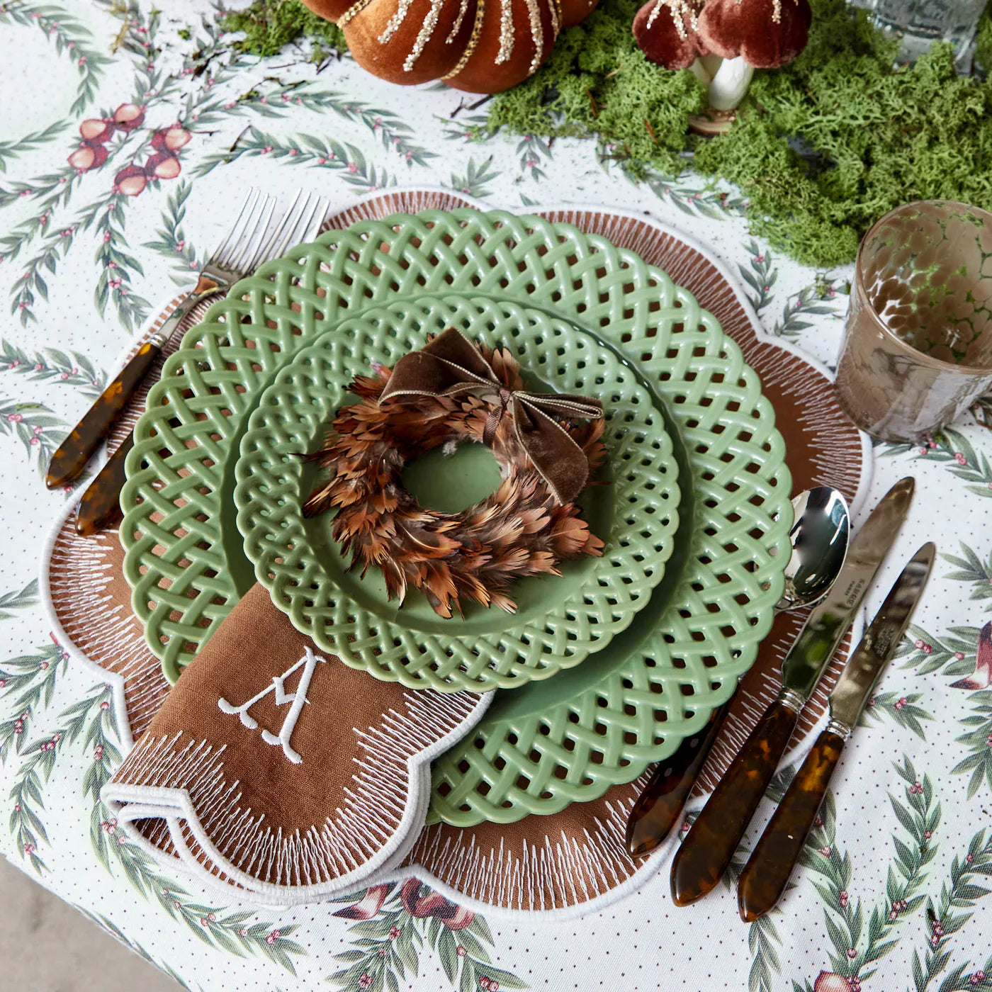 Feather Wreath with Chocolate Velvet Bows (Set of 4)